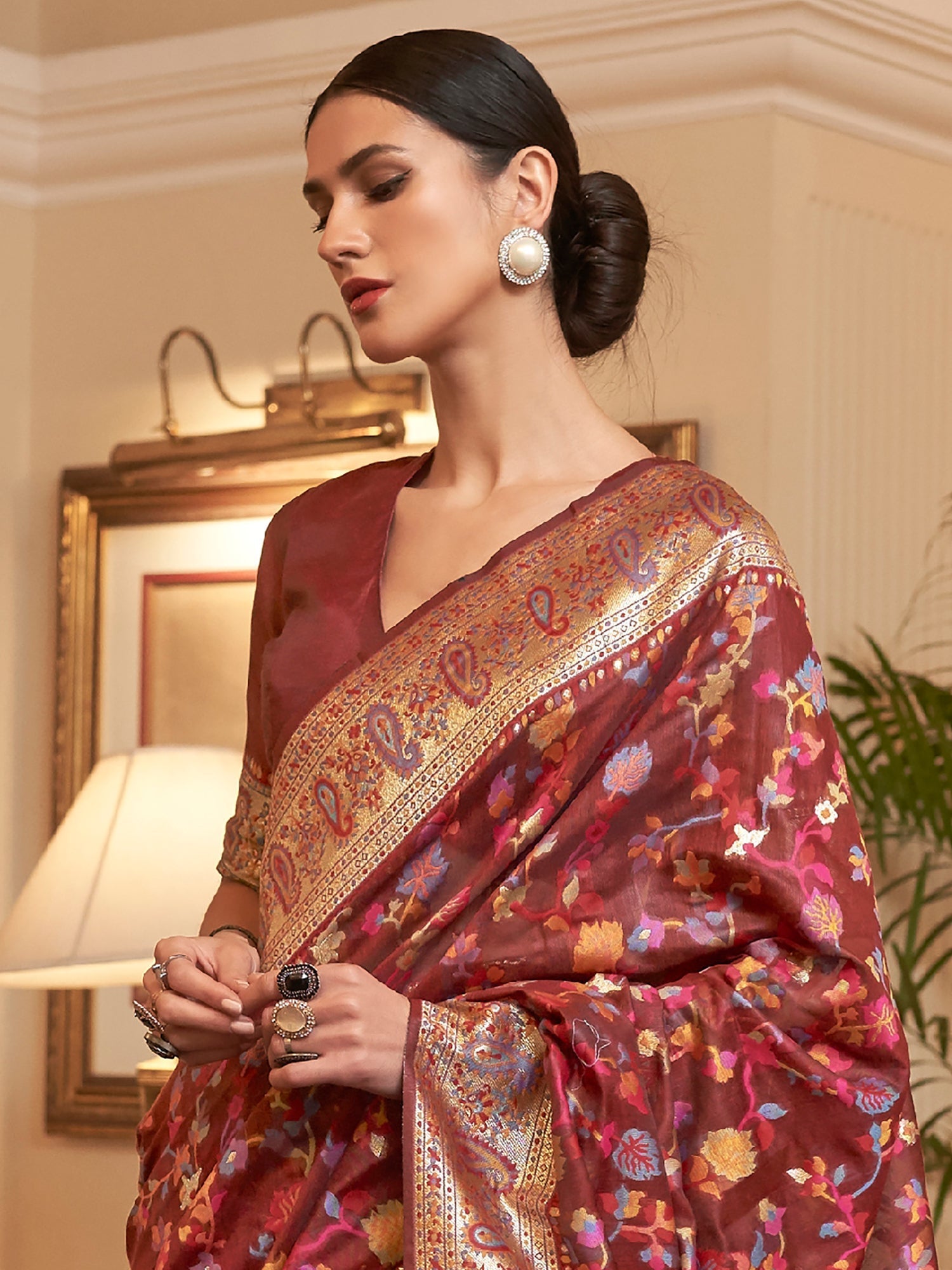 Maroon Kashmiri Silk Saree with Flower Motif - Ressa