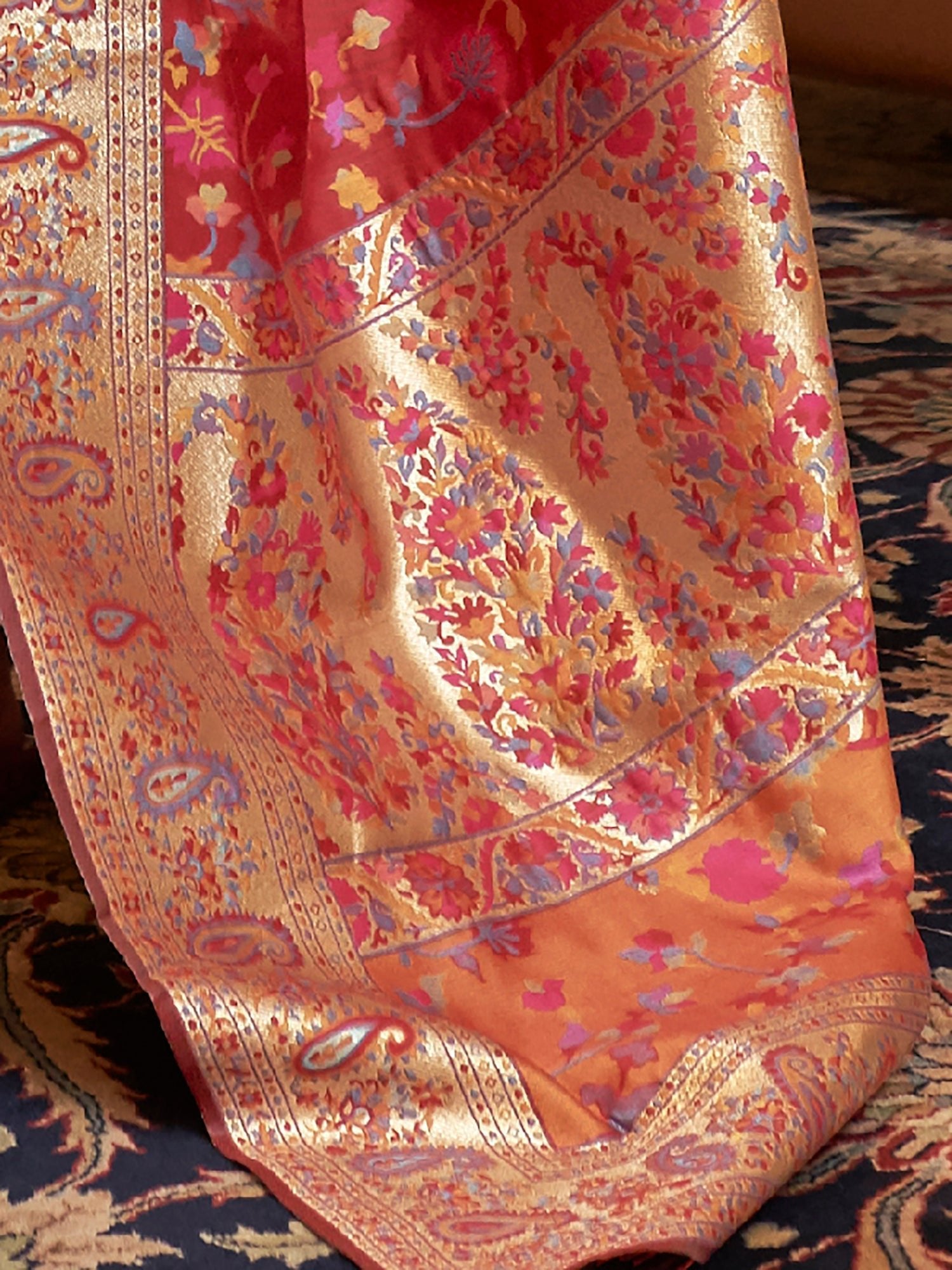 Maroon Kashmiri Silk Saree with Flower Motif - Ressa