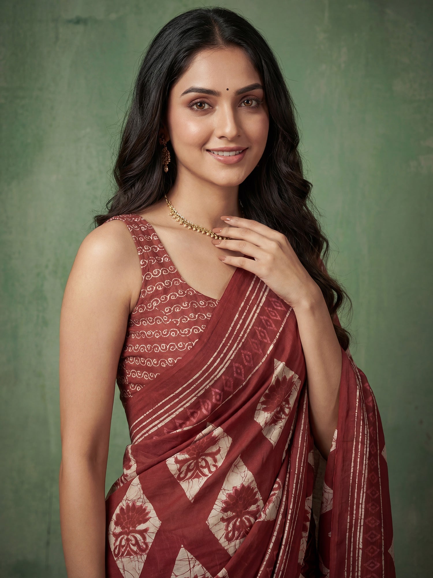 Maroon Lotus Screen Printing Cotton Mulmul - Ressa