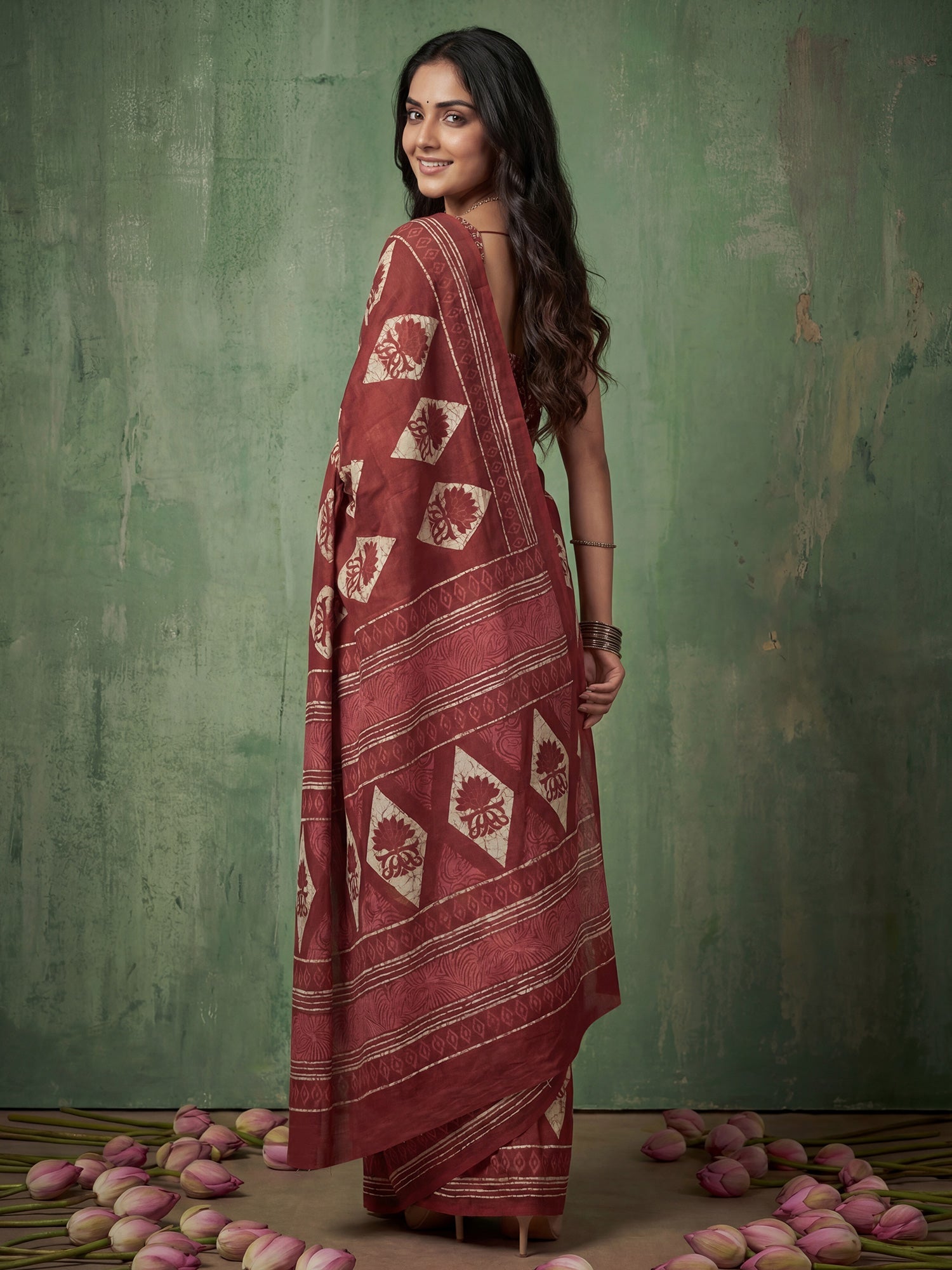 Maroon Lotus Screen Printing Cotton Mulmul - Ressa