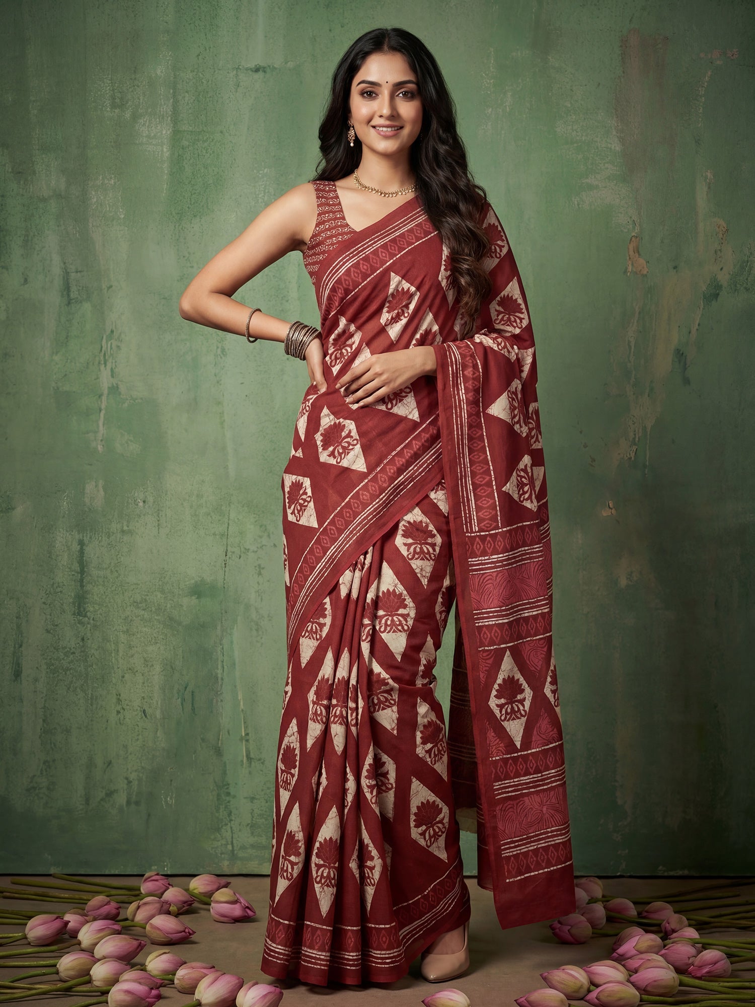 Maroon Lotus Screen Printing Cotton Mulmul - Ressa