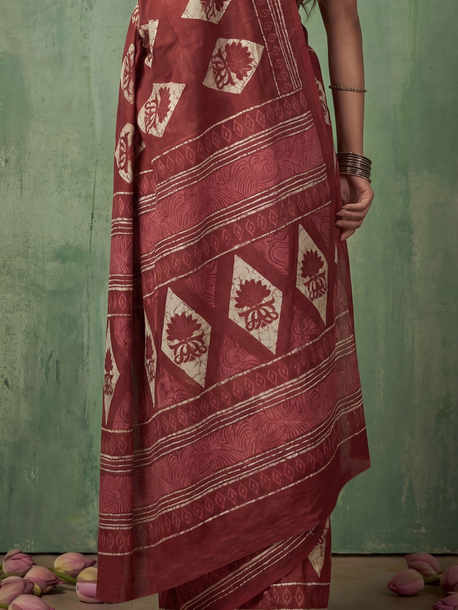 Maroon Lotus Screen Printing Cotton Mulmul - Ressa