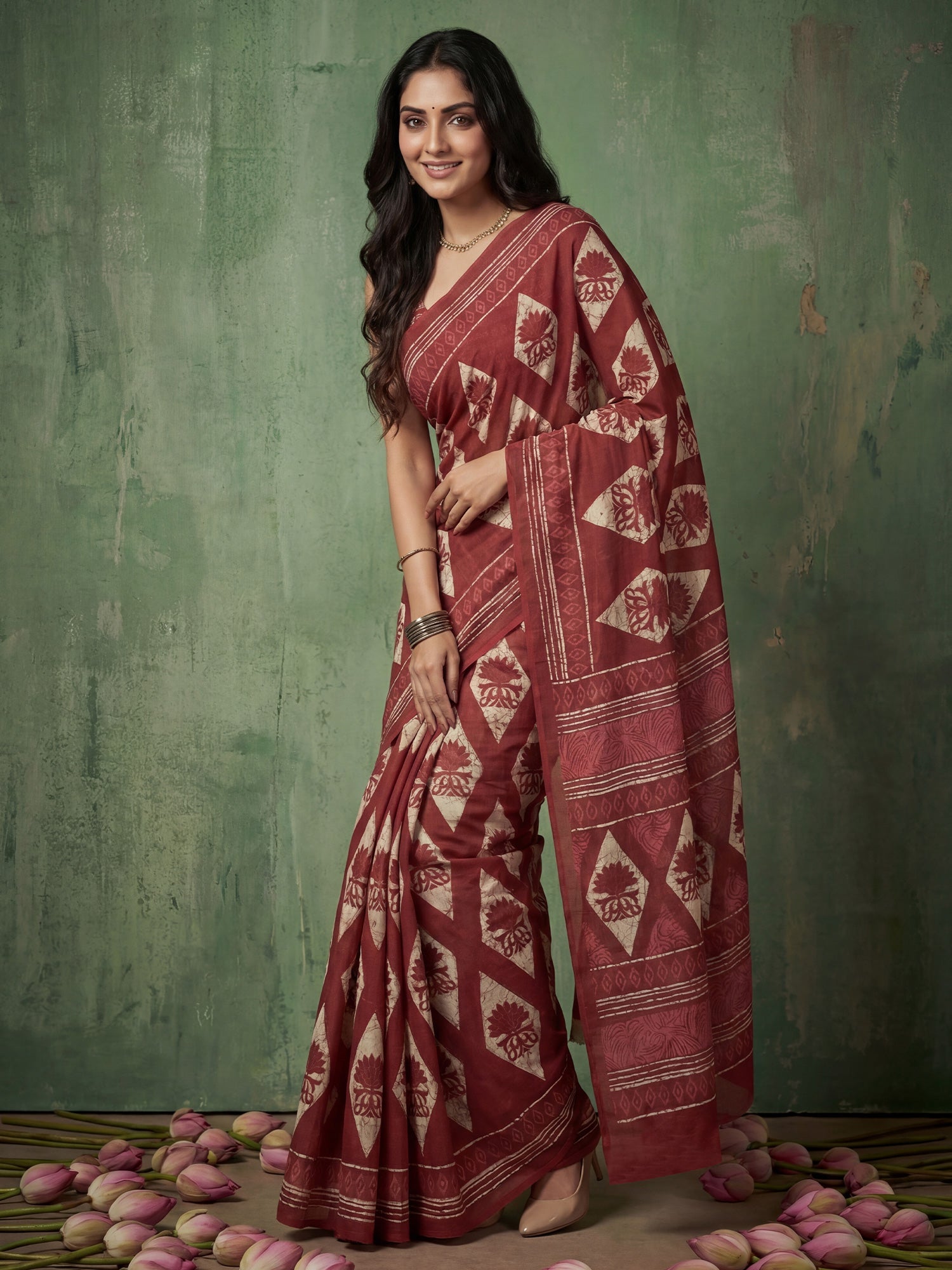 Maroon Lotus Screen Printing Cotton Mulmul - Ressa
