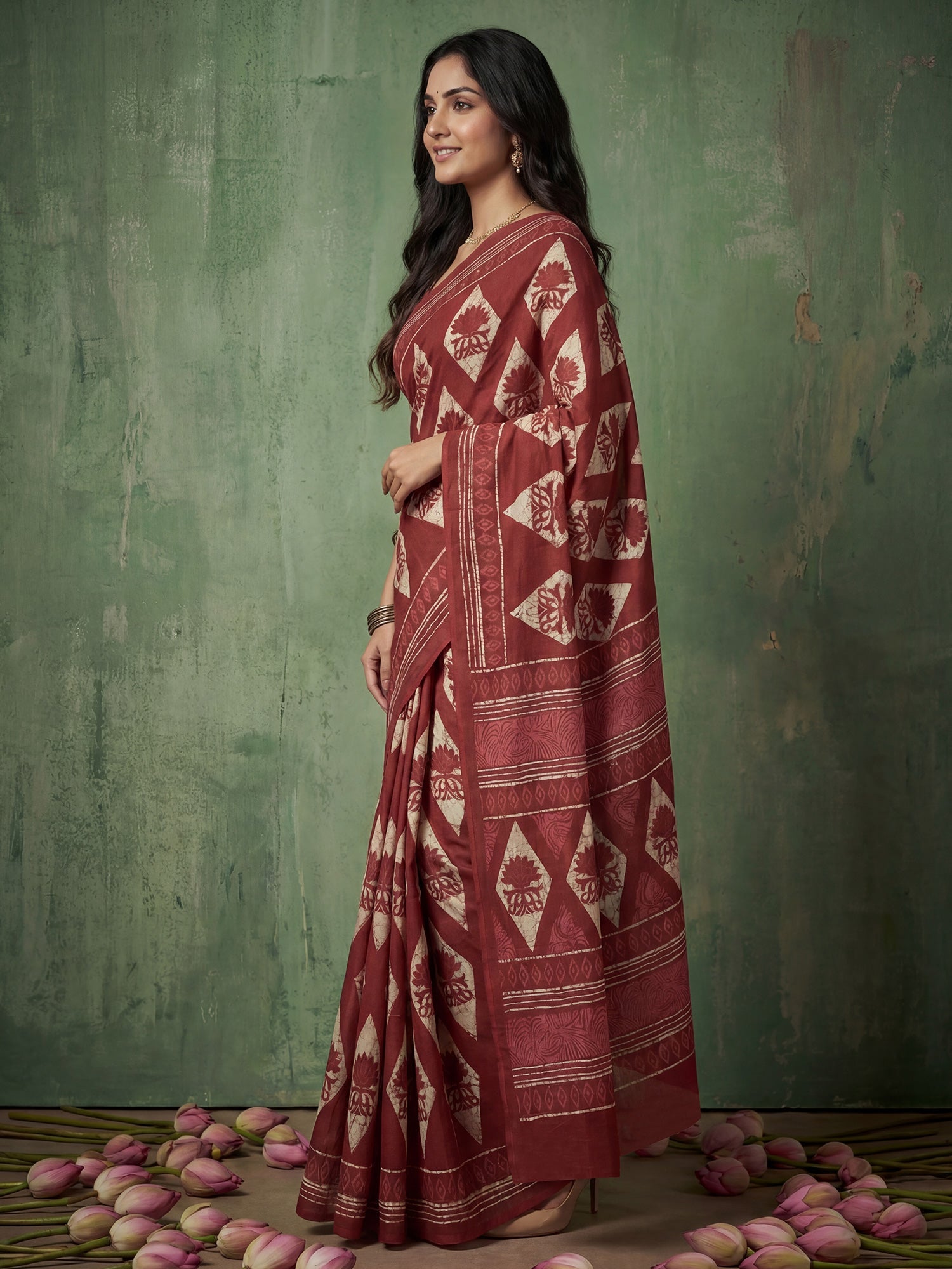 Maroon Lotus Screen Printing Cotton Mulmul - Ressa