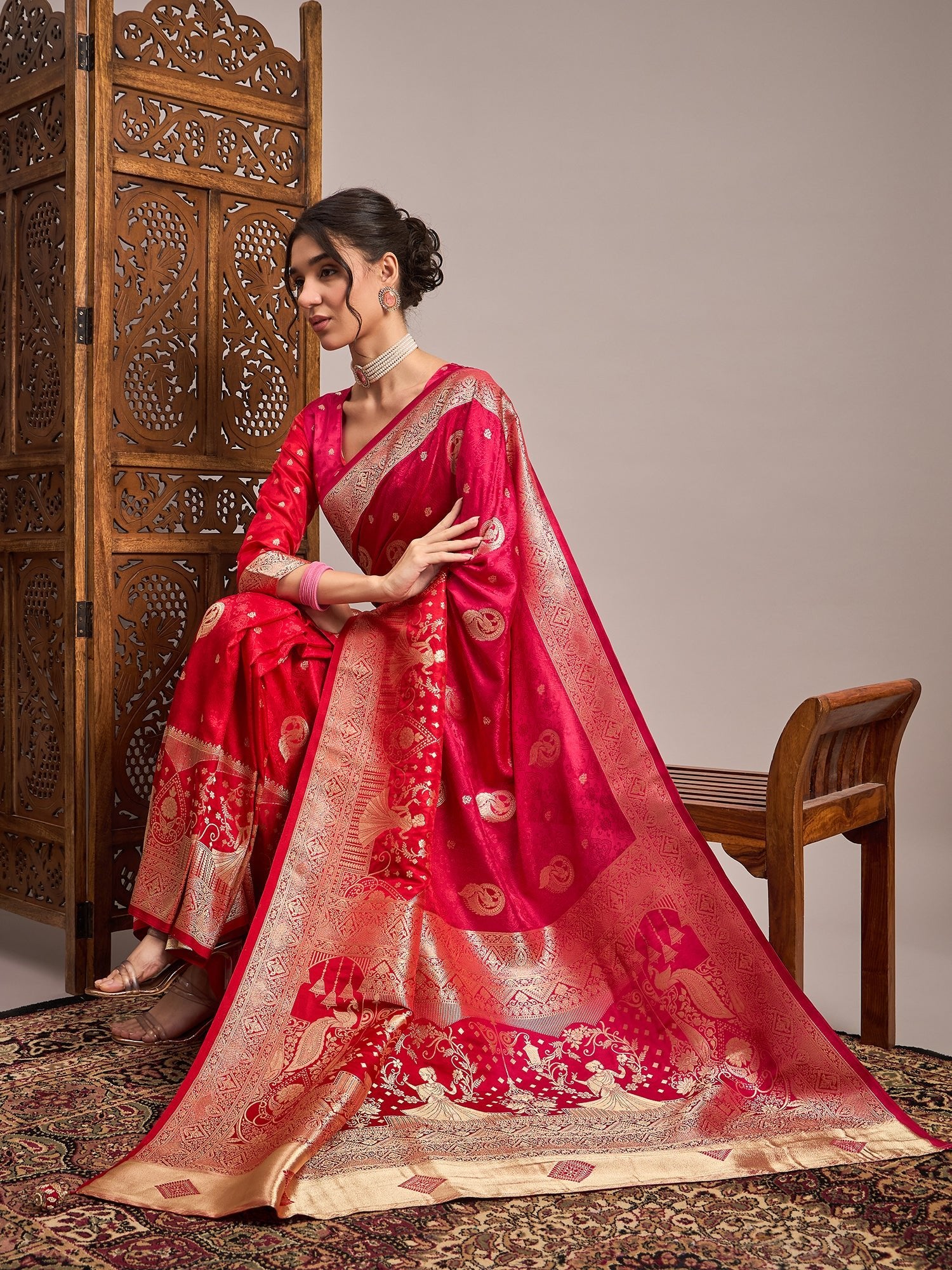 Maroon & Off-White Silk Blend Heritage Banarasi Style Saree - Ressa