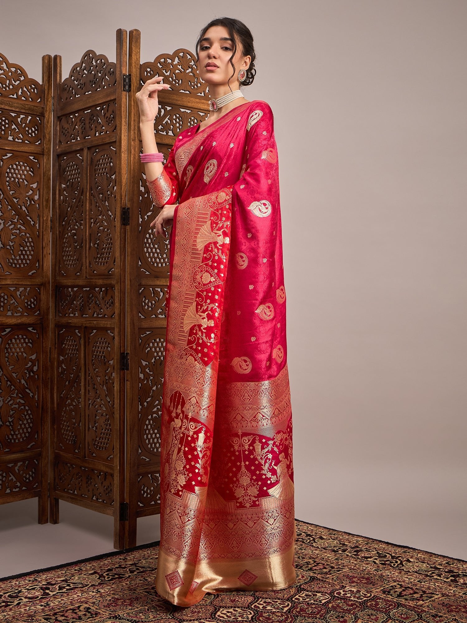 Maroon & Off-White Silk Blend Heritage Banarasi Style Saree - Ressa