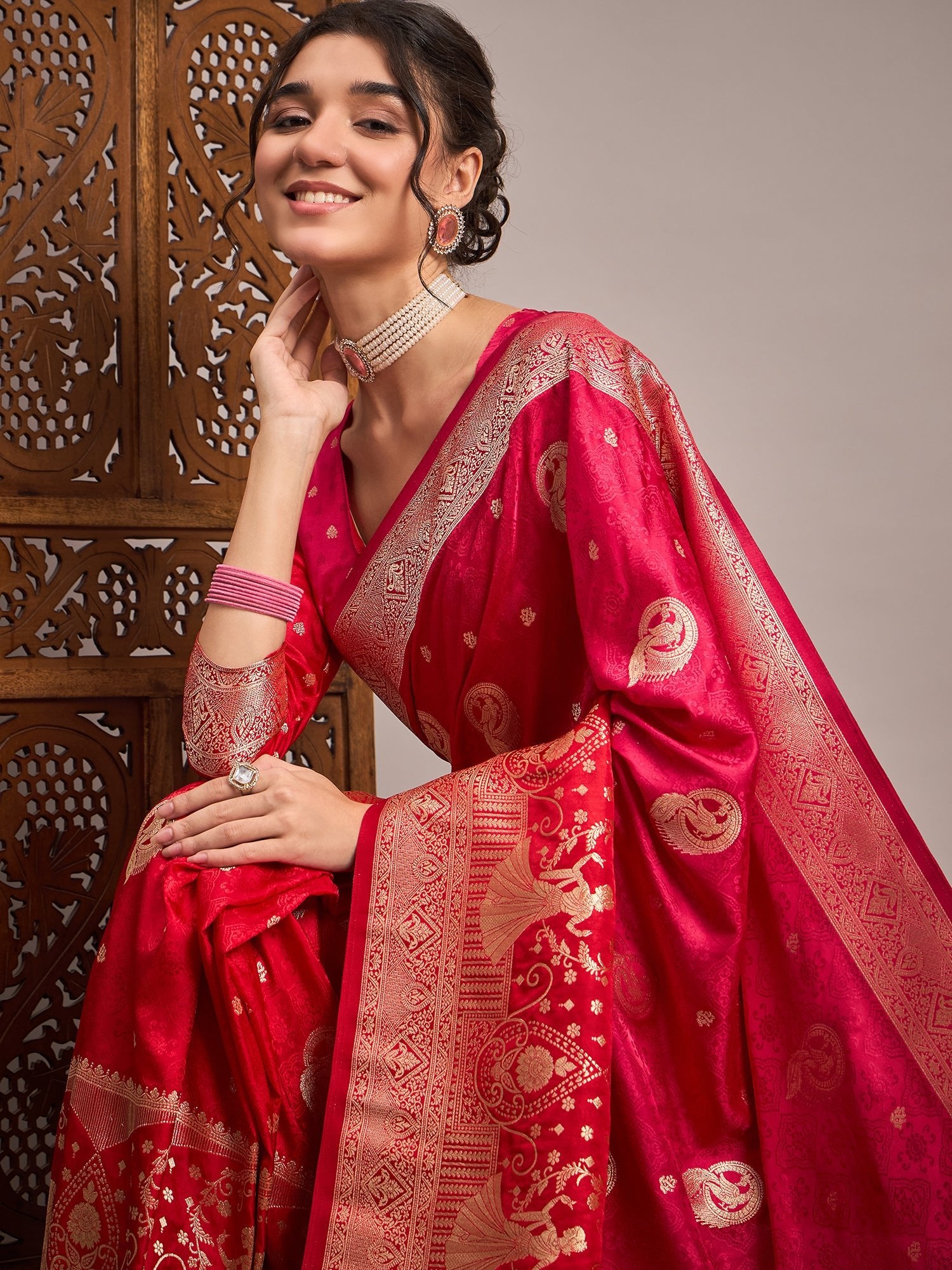 Maroon & Off-White Silk Blend Heritage Banarasi Style Saree - Ressa