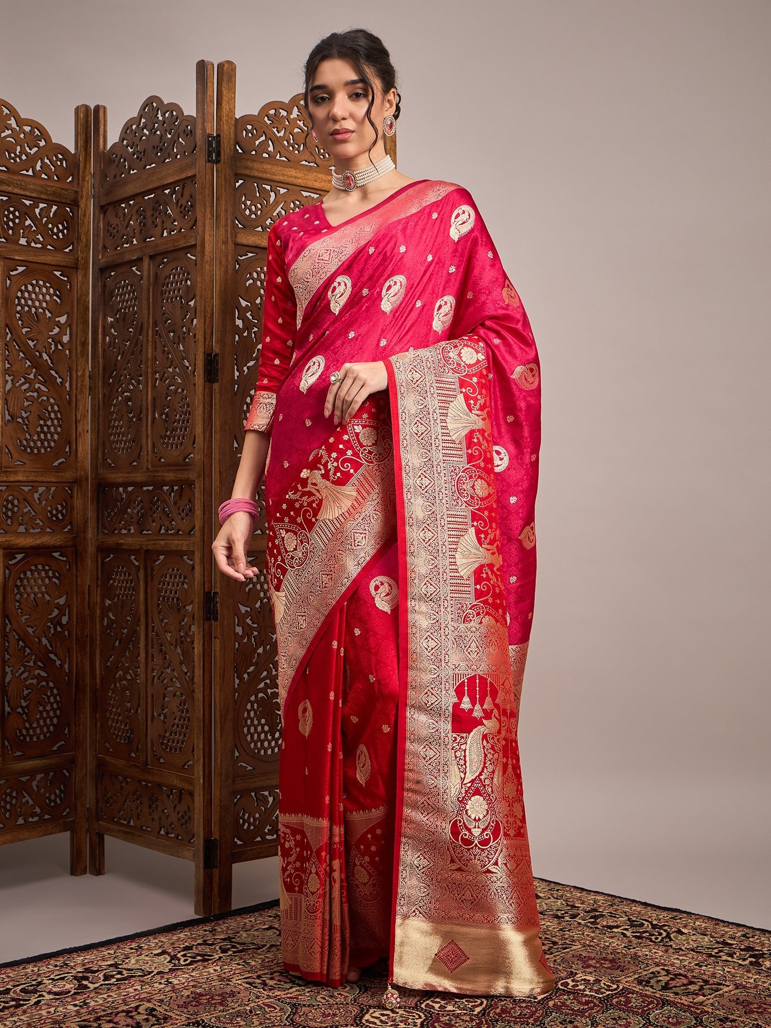 Maroon & Off-White Silk Blend Heritage Banarasi Style Saree - Ressa