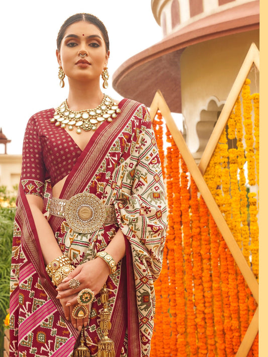 Maroon & Off-White Silk Blend Heritage Patola Saree - Ressa