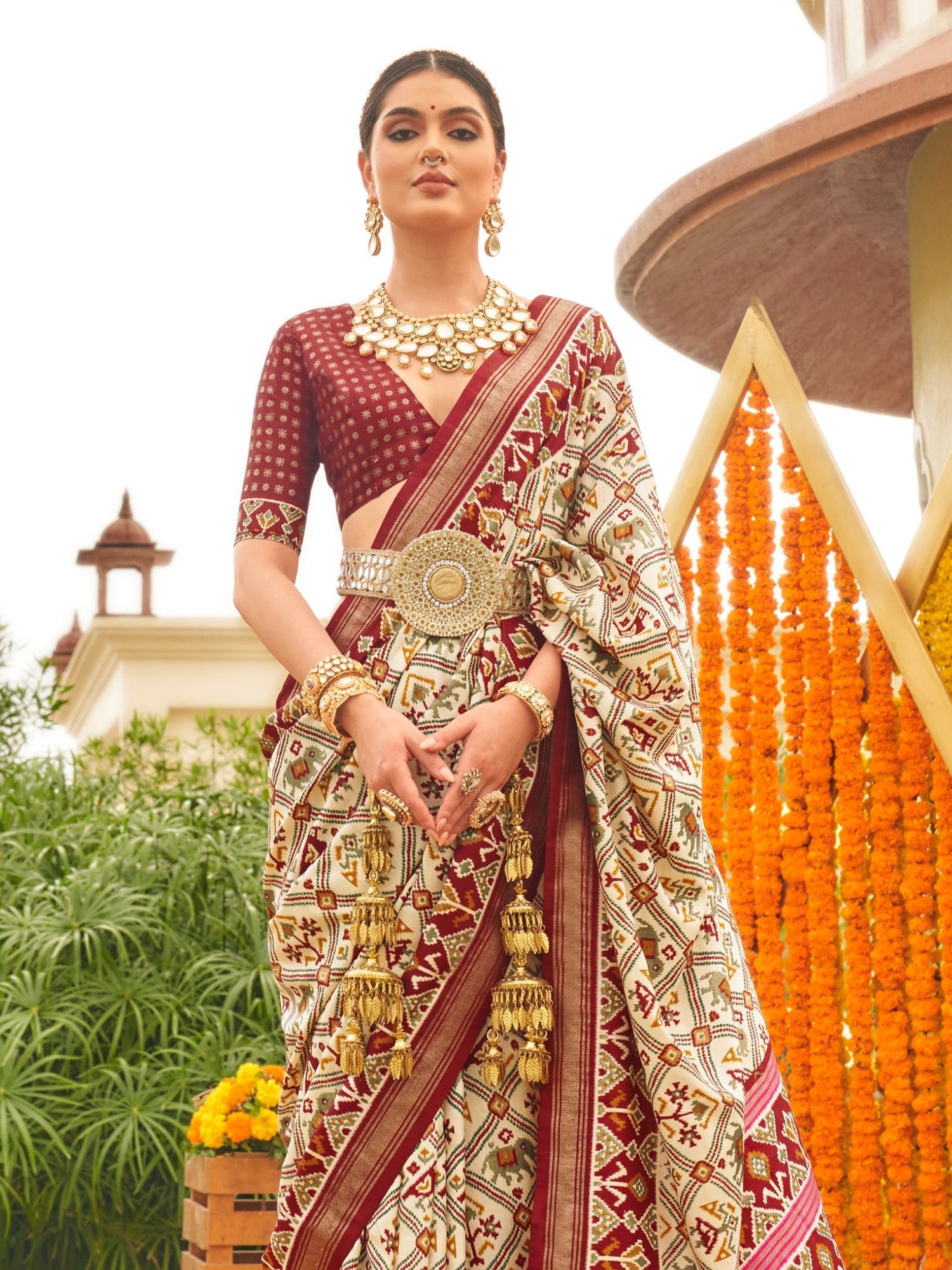 Maroon & Off-White Silk Blend Heritage Patola Saree - Ressa