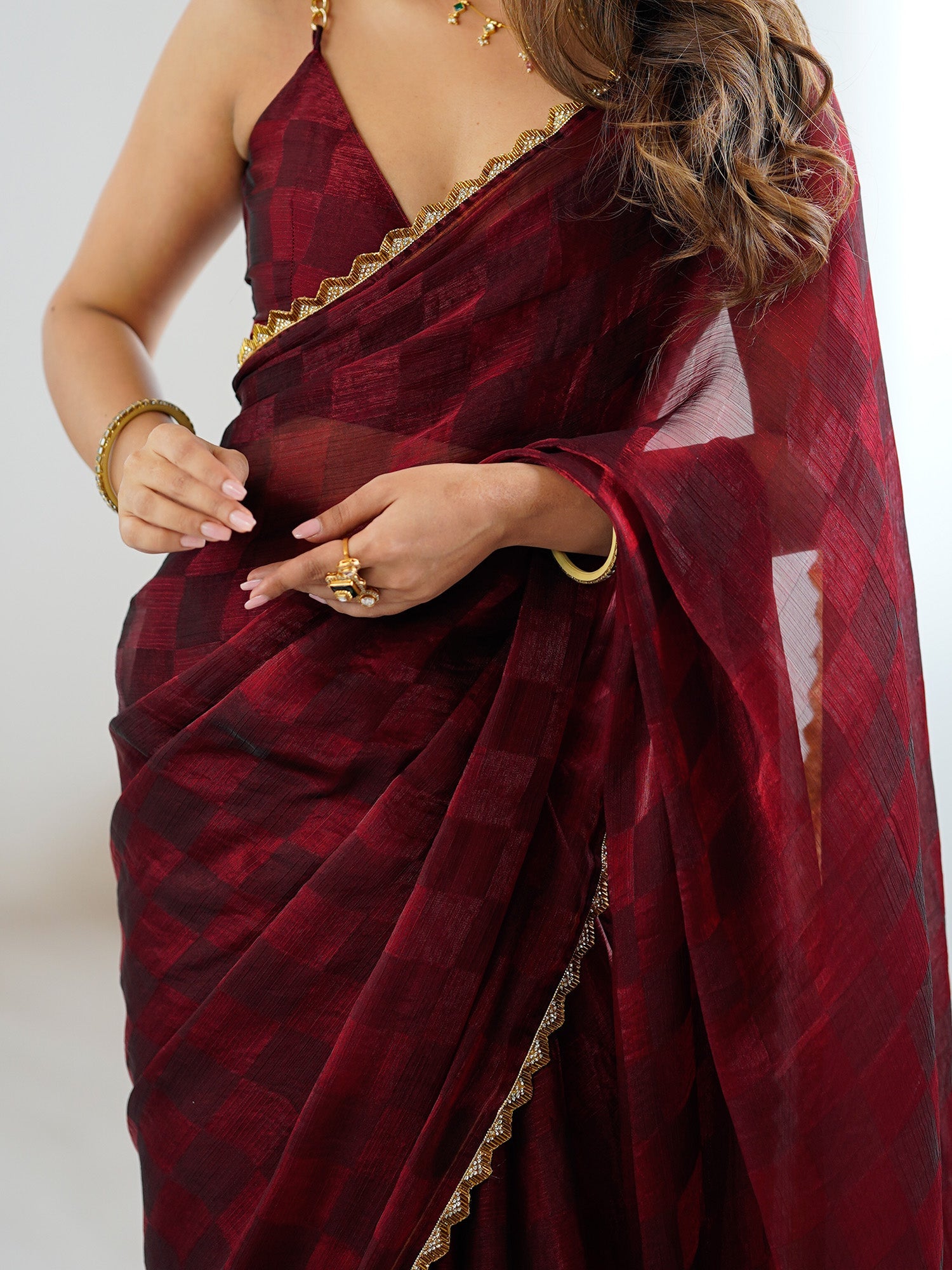 Maroon Organza Saree with Gold Border & Brocade Blouse - Ressa