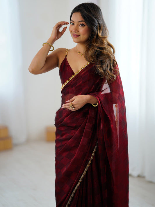 Maroon Organza Saree with Gold Border & Brocade Blouse - Ressa