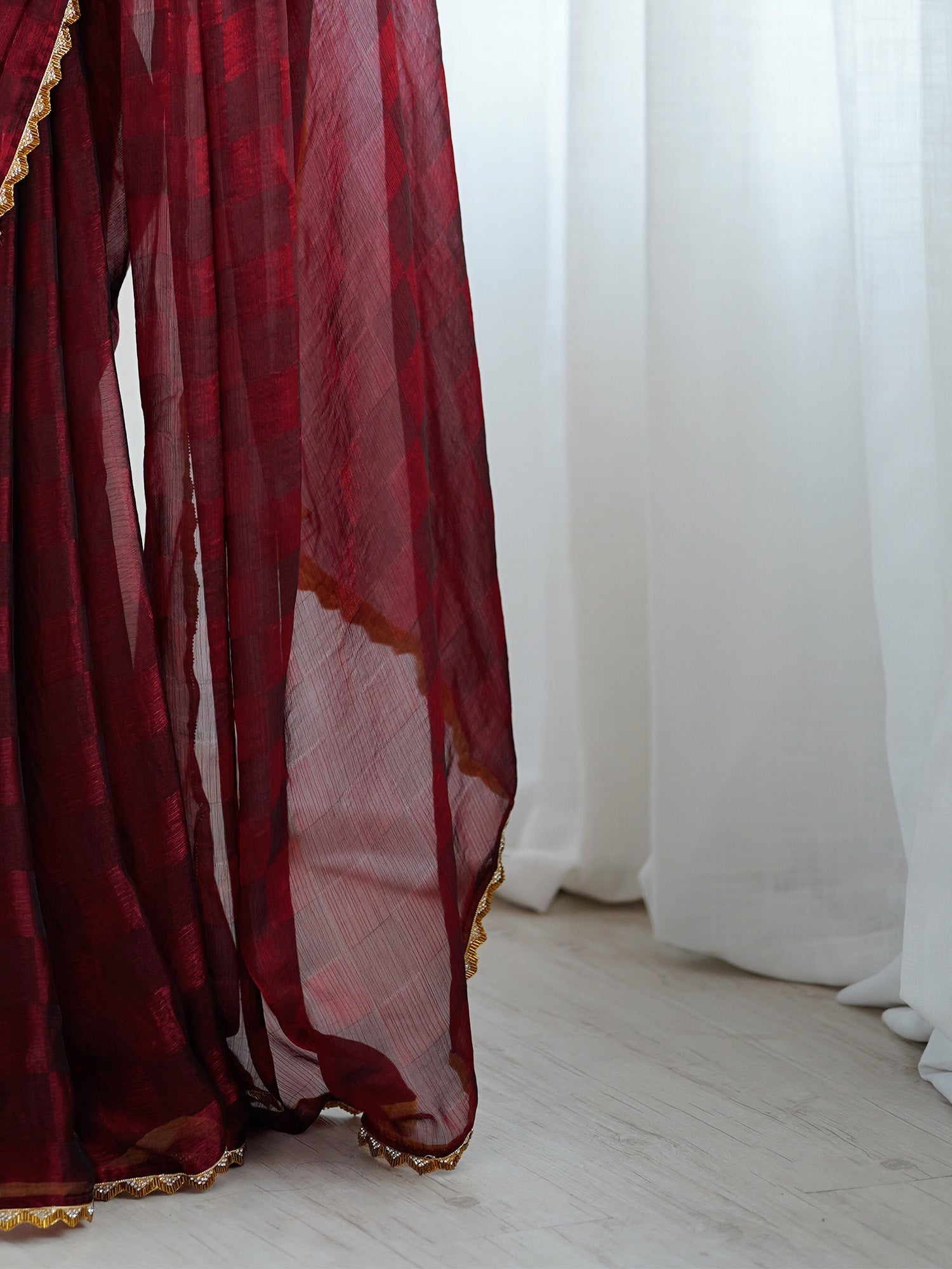 Maroon Organza Saree with Gold Border & Brocade Blouse - Ressa