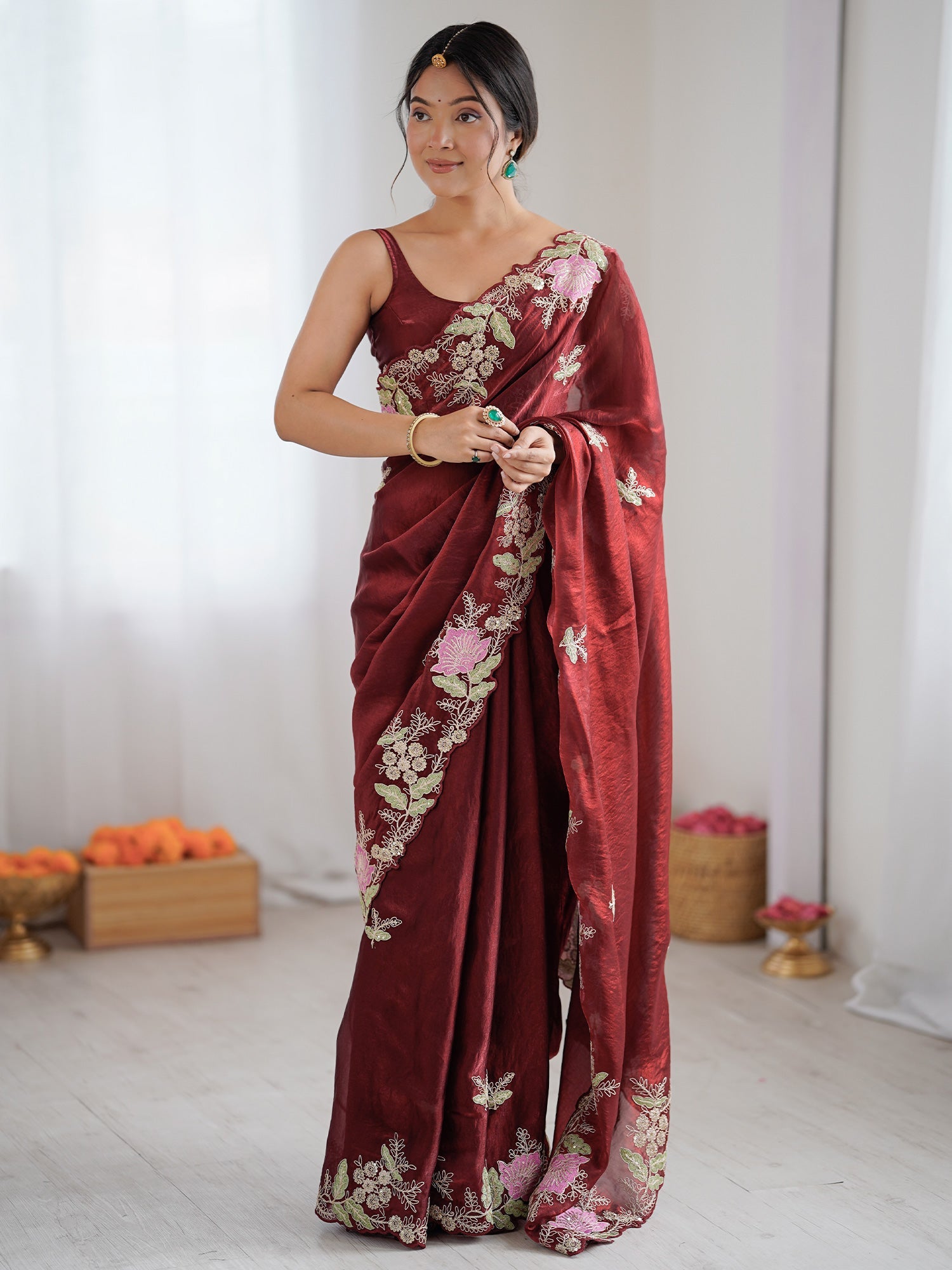 Maroon Organza Saree with Pink Floral Cutwork Scallop Border - Ressa