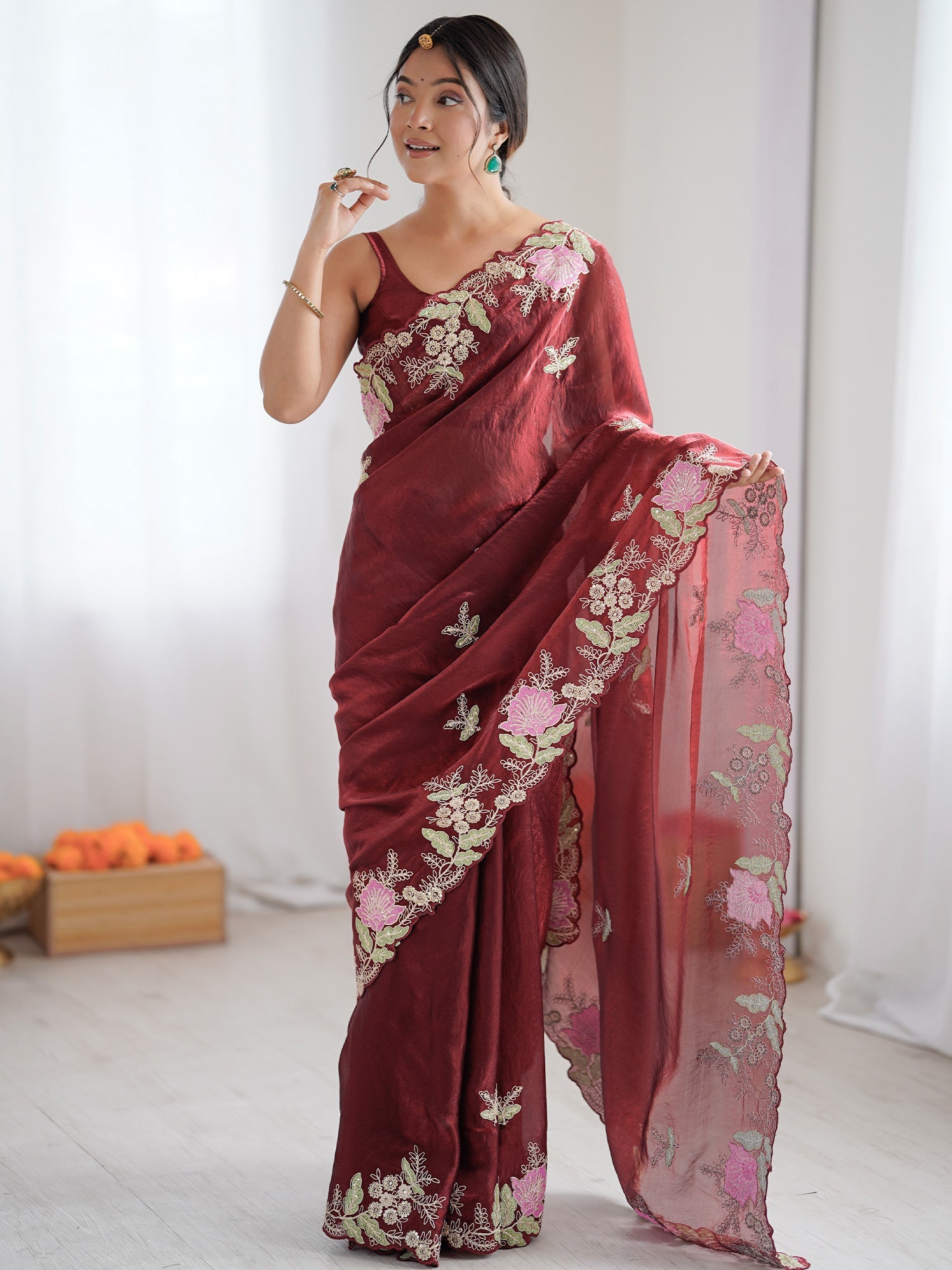 Maroon Organza Saree with Pink Floral Cutwork Scallop Border - Ressa