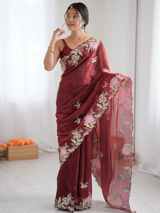 Maroon Organza Saree with Pink Floral Cutwork Scallop Border - Ressa