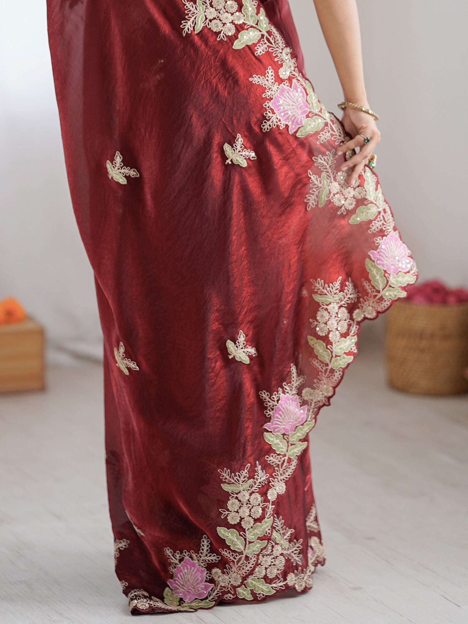 Maroon Organza Saree with Pink Floral Cutwork Scallop Border - Ressa