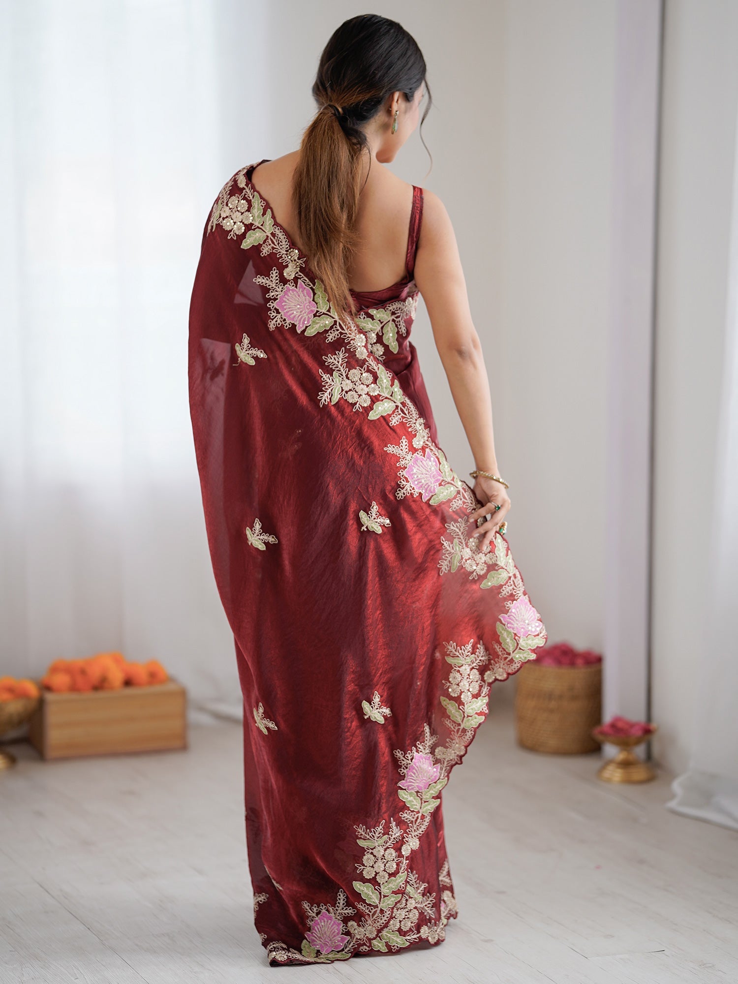 Maroon Organza Saree with Pink Floral Cutwork Scallop Border - Ressa