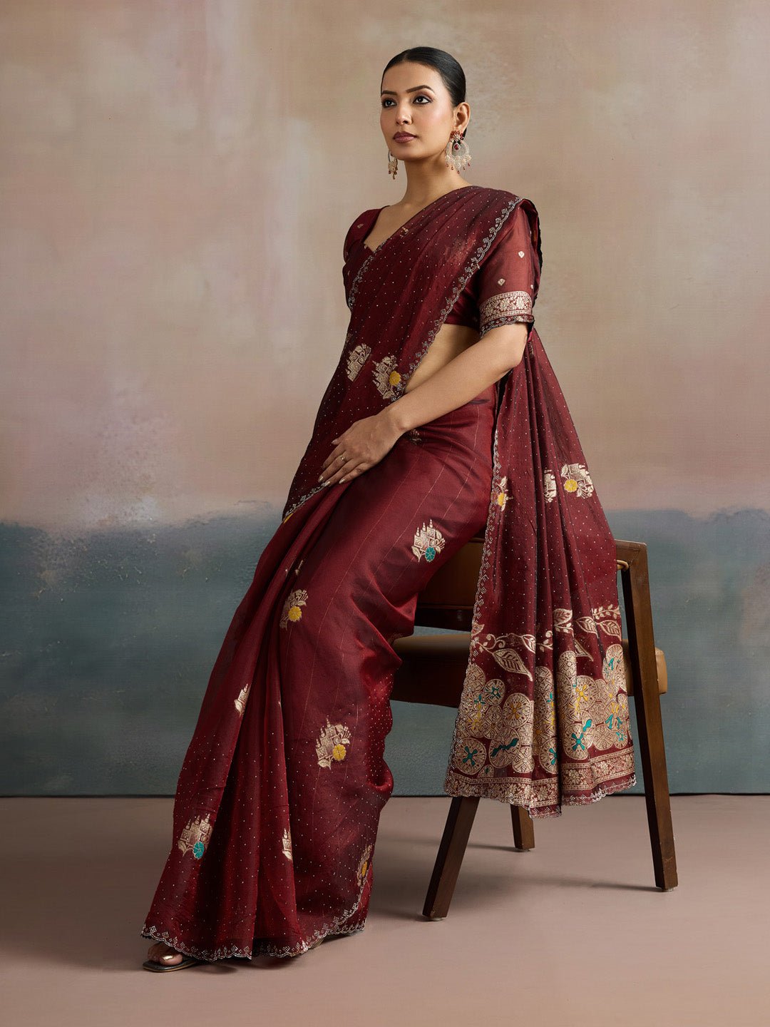 Maroon Organza Saree with Zari Border - Ressa