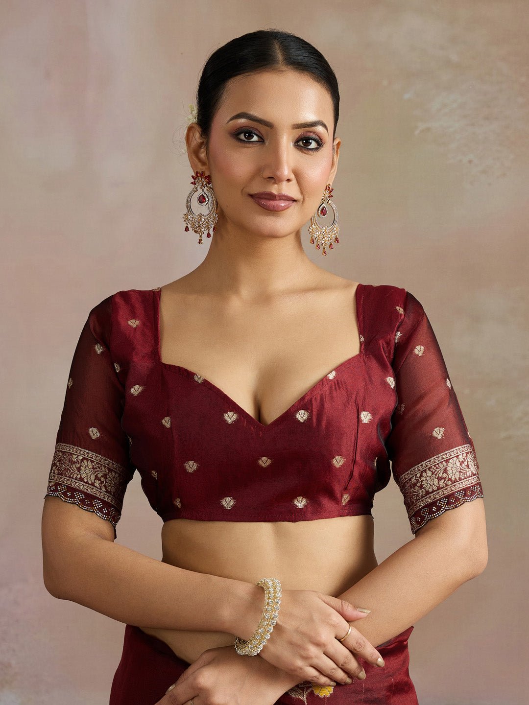 Maroon Organza Saree with Zari Border - Ressa