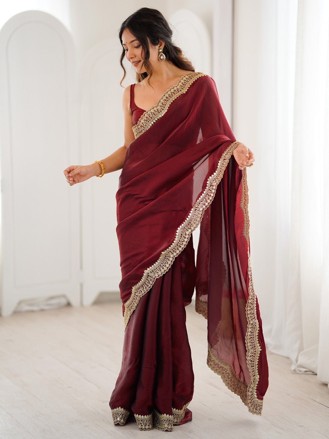 Maroon Organza Silk Scalloped Zari Border Embroidered Blouse Saree - Ressa