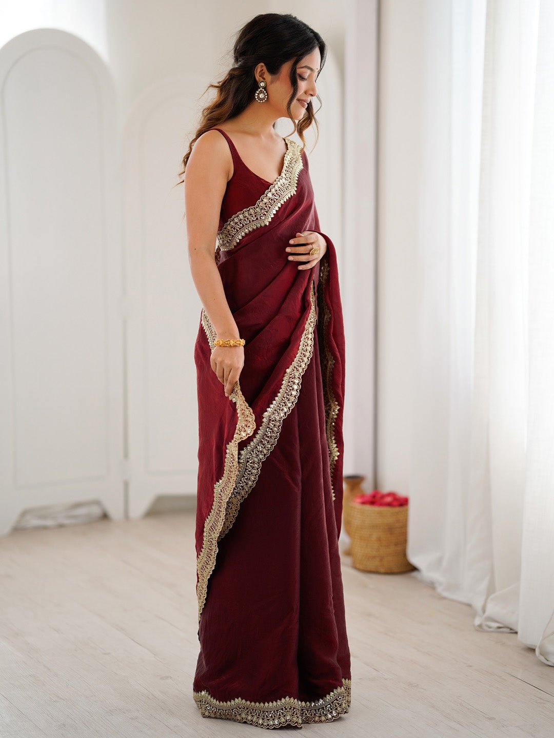 Maroon Organza Silk Scalloped Zari Border Embroidered Blouse Saree - Ressa