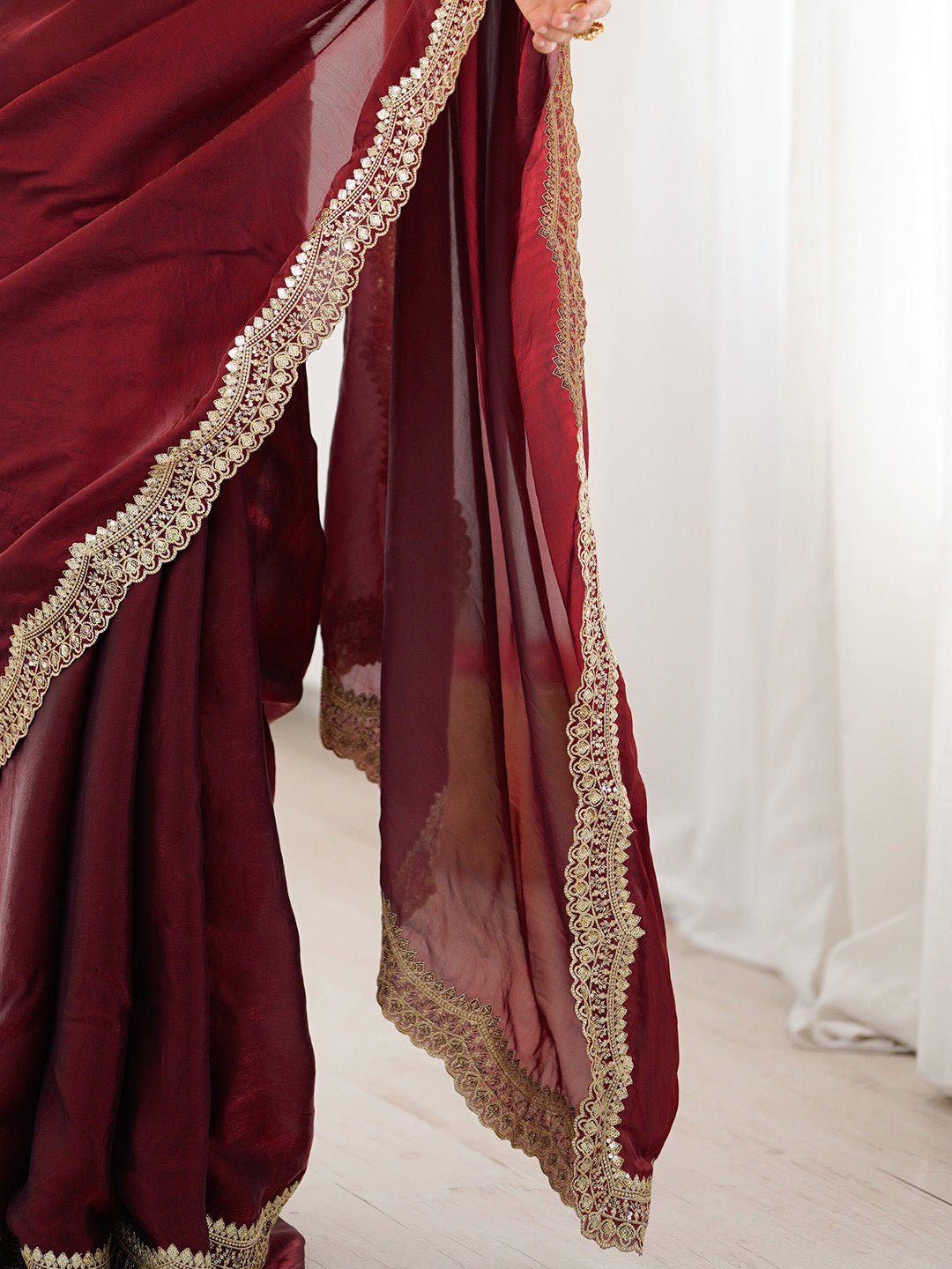 Maroon Organza Silk Scalloped Zari Border Embroidered Blouse Saree - Ressa