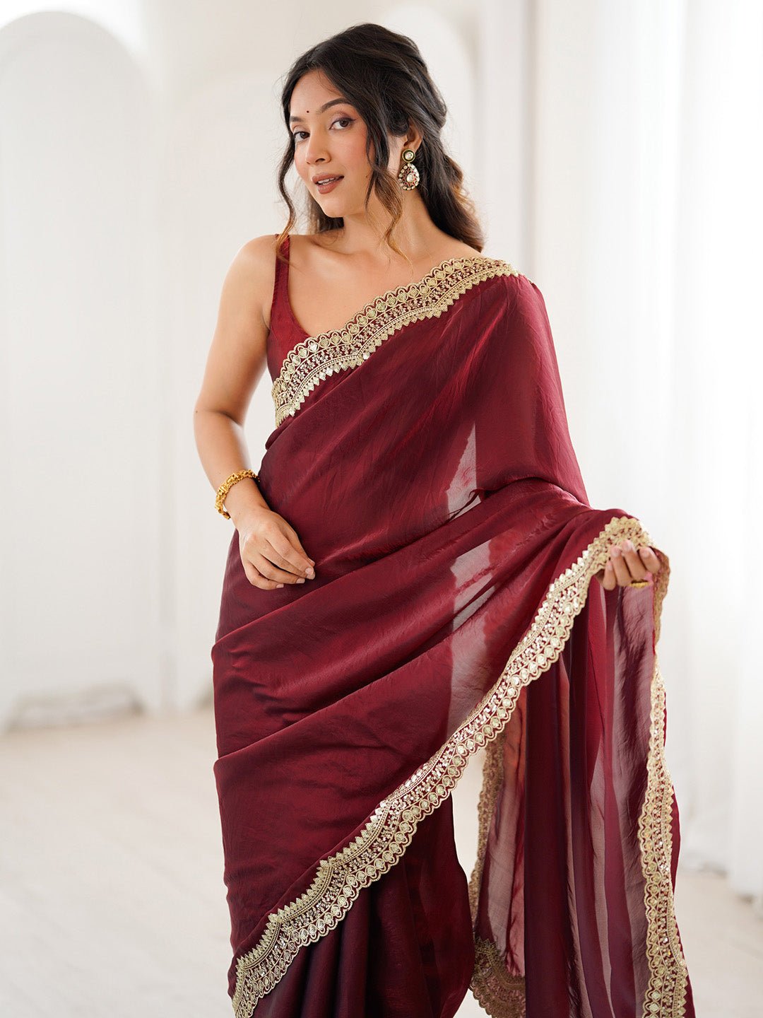 Maroon Organza Silk Scalloped Zari Border Embroidered Blouse Saree - Ressa