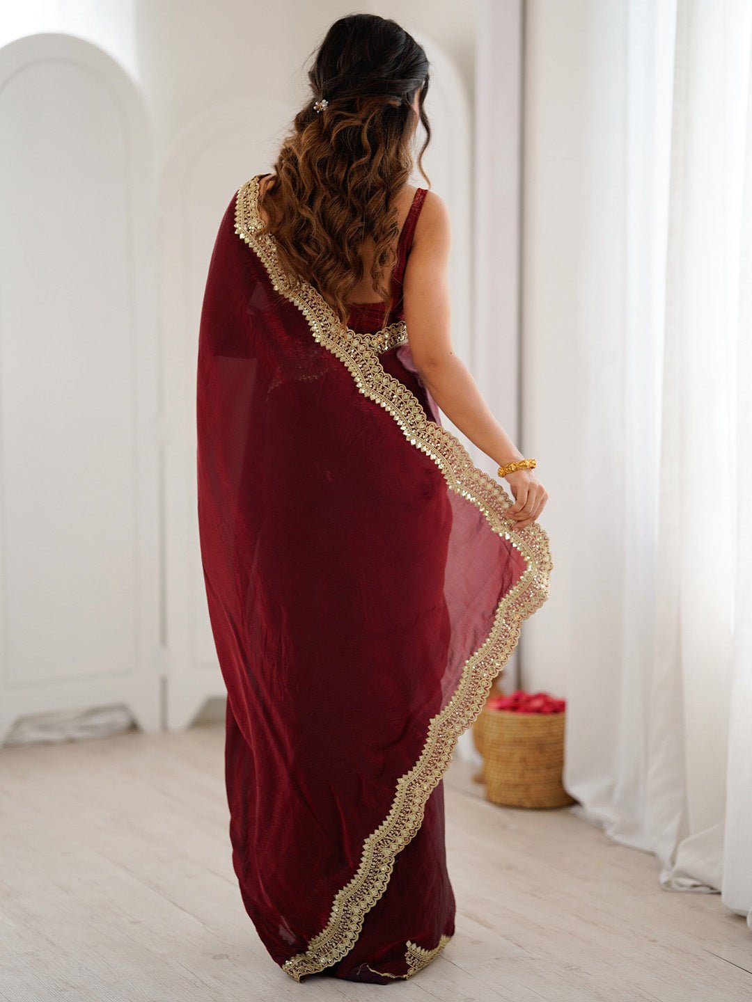 Maroon Organza Silk Scalloped Zari Border Embroidered Blouse Saree - Ressa