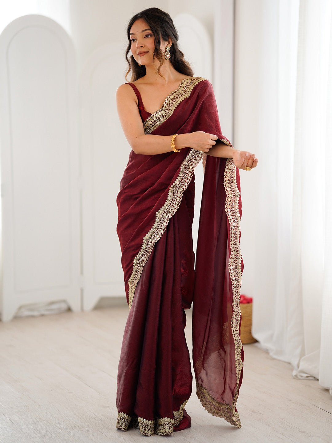 Maroon Organza Silk Scalloped Zari Border Embroidered Blouse Saree - Ressa