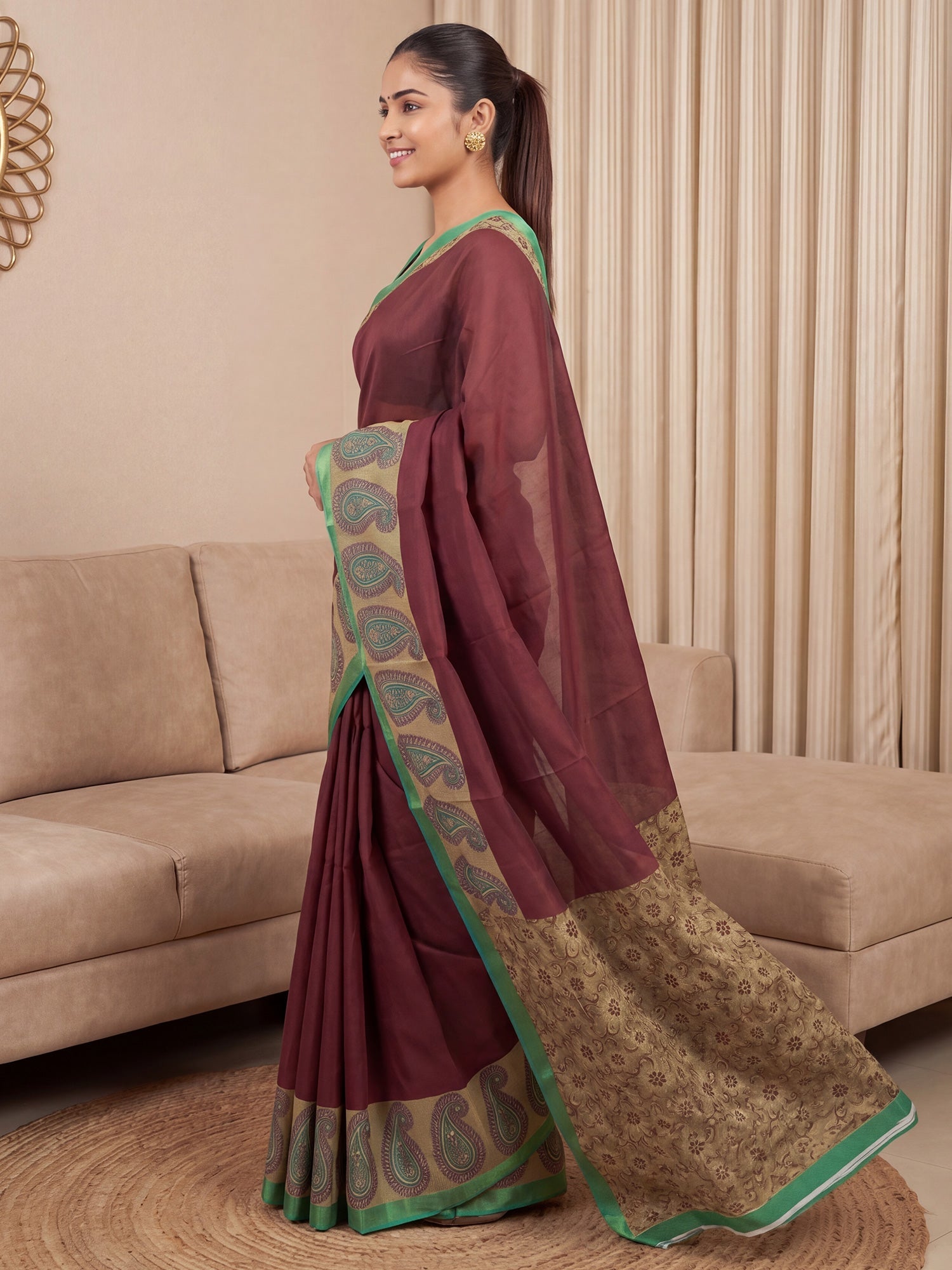 Maroon Paisley Digital Print Saree - Ressa