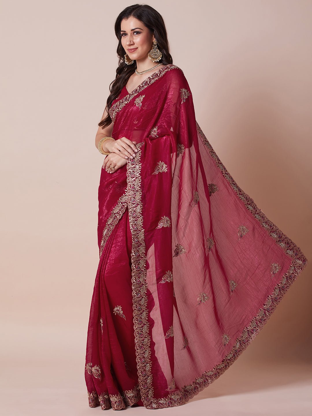 Maroon Polyester Embroidered Border Modern Aesthetic Saree - Ressa