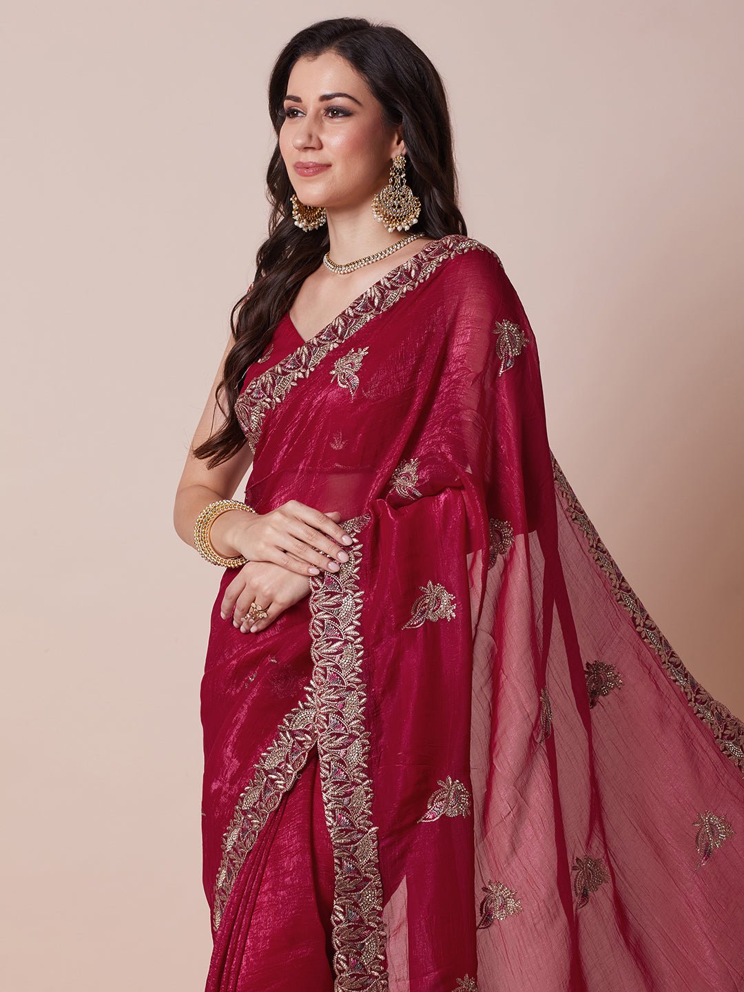 Maroon Polyester Embroidered Border Modern Aesthetic Saree - Ressa
