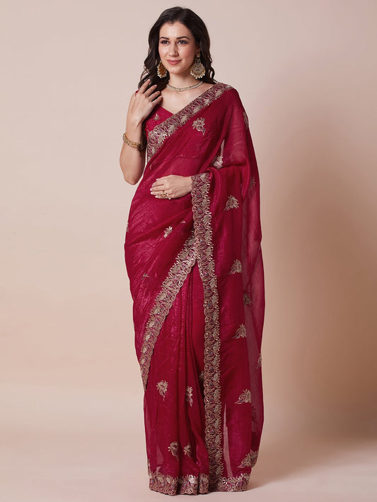 Maroon Polyester Embroidered Border Modern Aesthetic Saree - Ressa