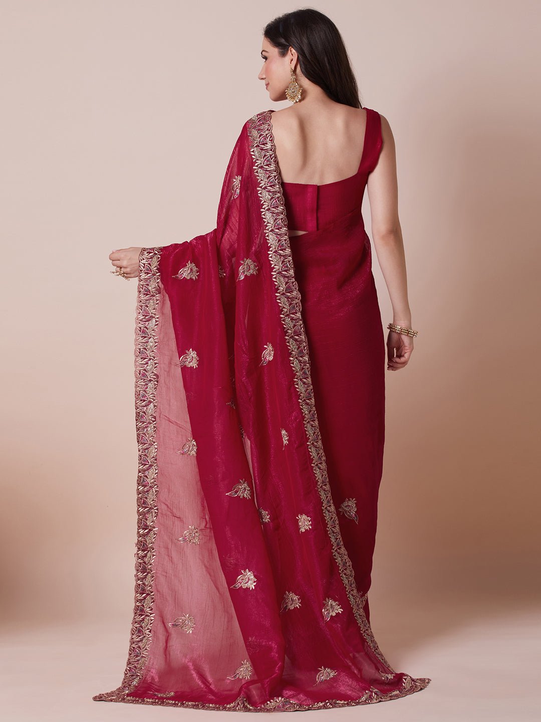 Maroon Polyester Embroidered Border Modern Aesthetic Saree - Ressa