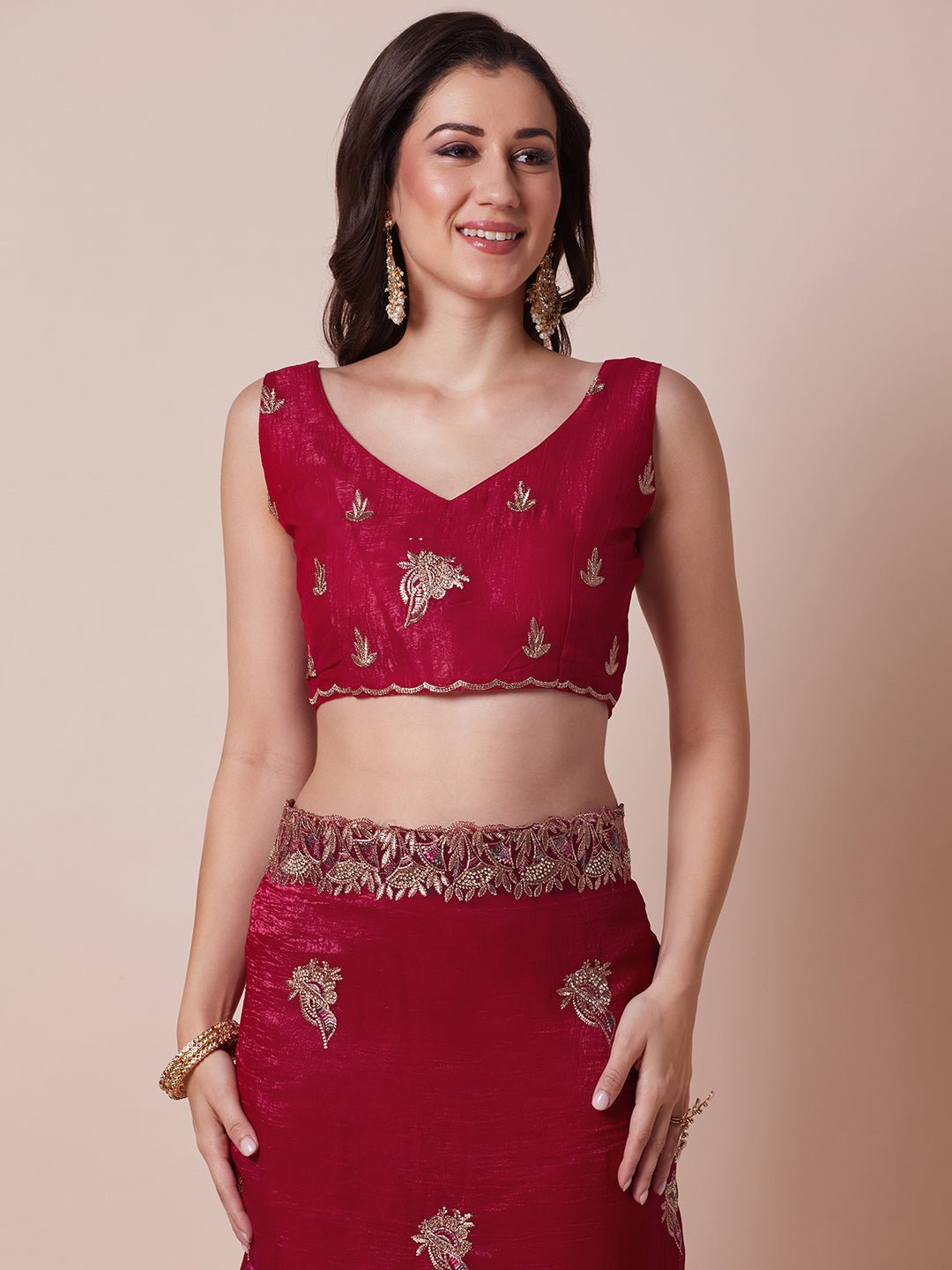 Maroon Polyester Embroidered Border Modern Aesthetic Saree - Ressa