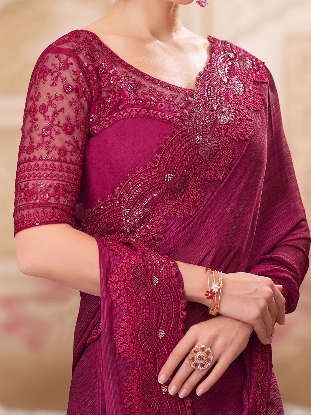 Maroon Polyester Embroidered Border Saree - Ressa