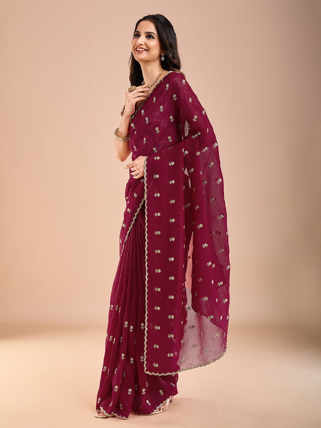 Maroon Polyester Embroidered Border Saree - Ressa