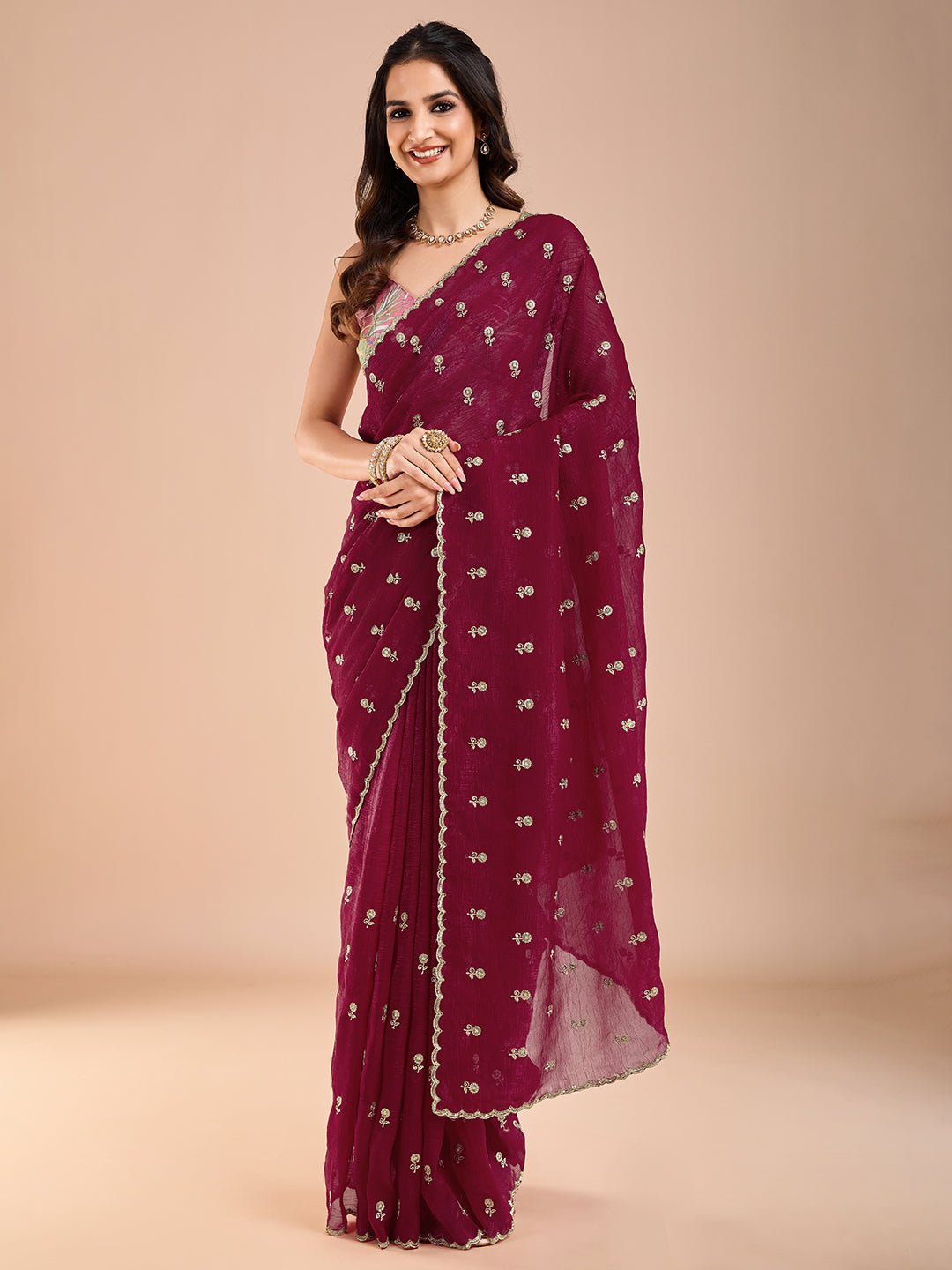 Maroon Polyester Embroidered Border Saree - Ressa