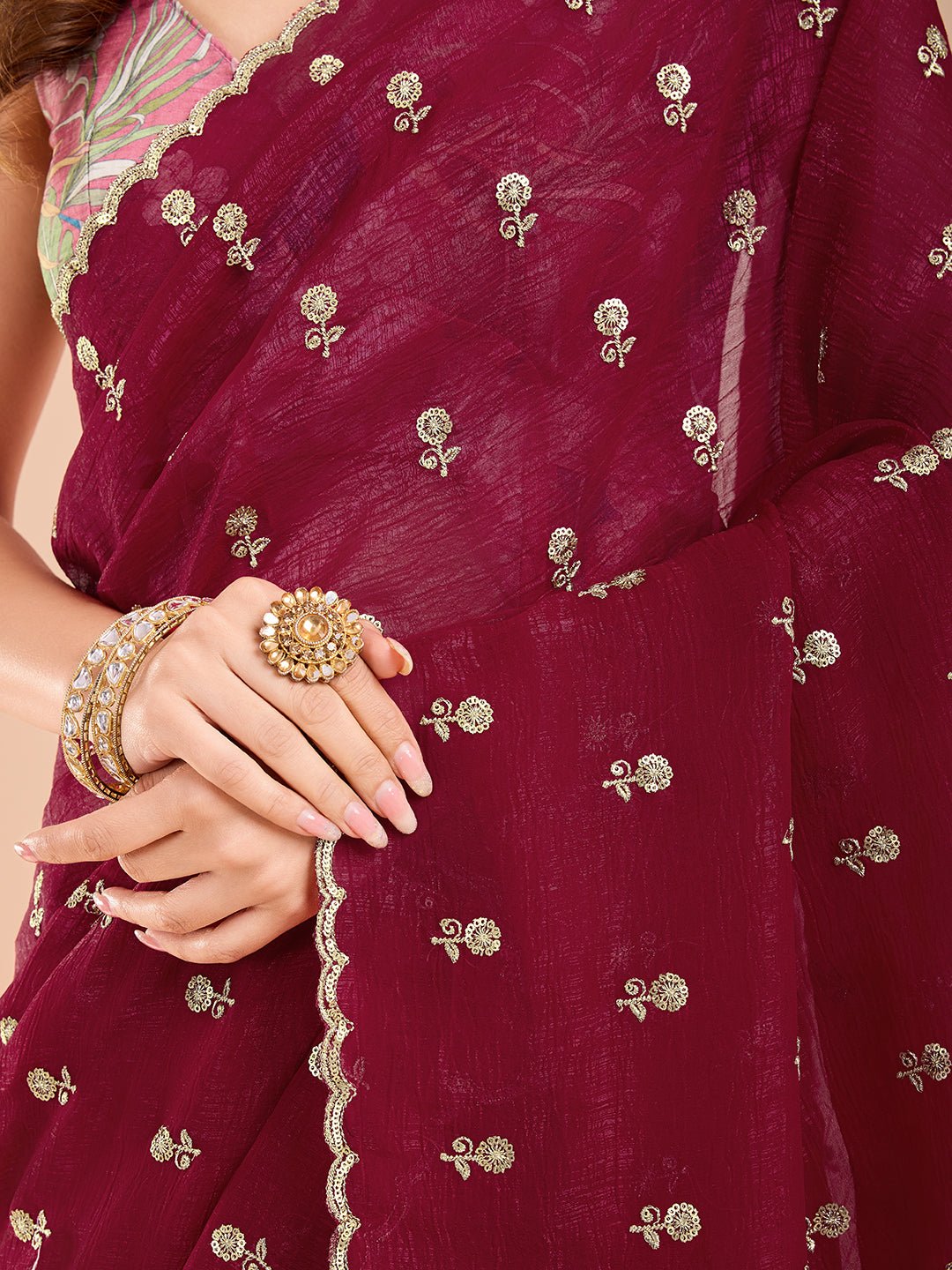 Maroon Polyester Embroidered Border Saree - Ressa