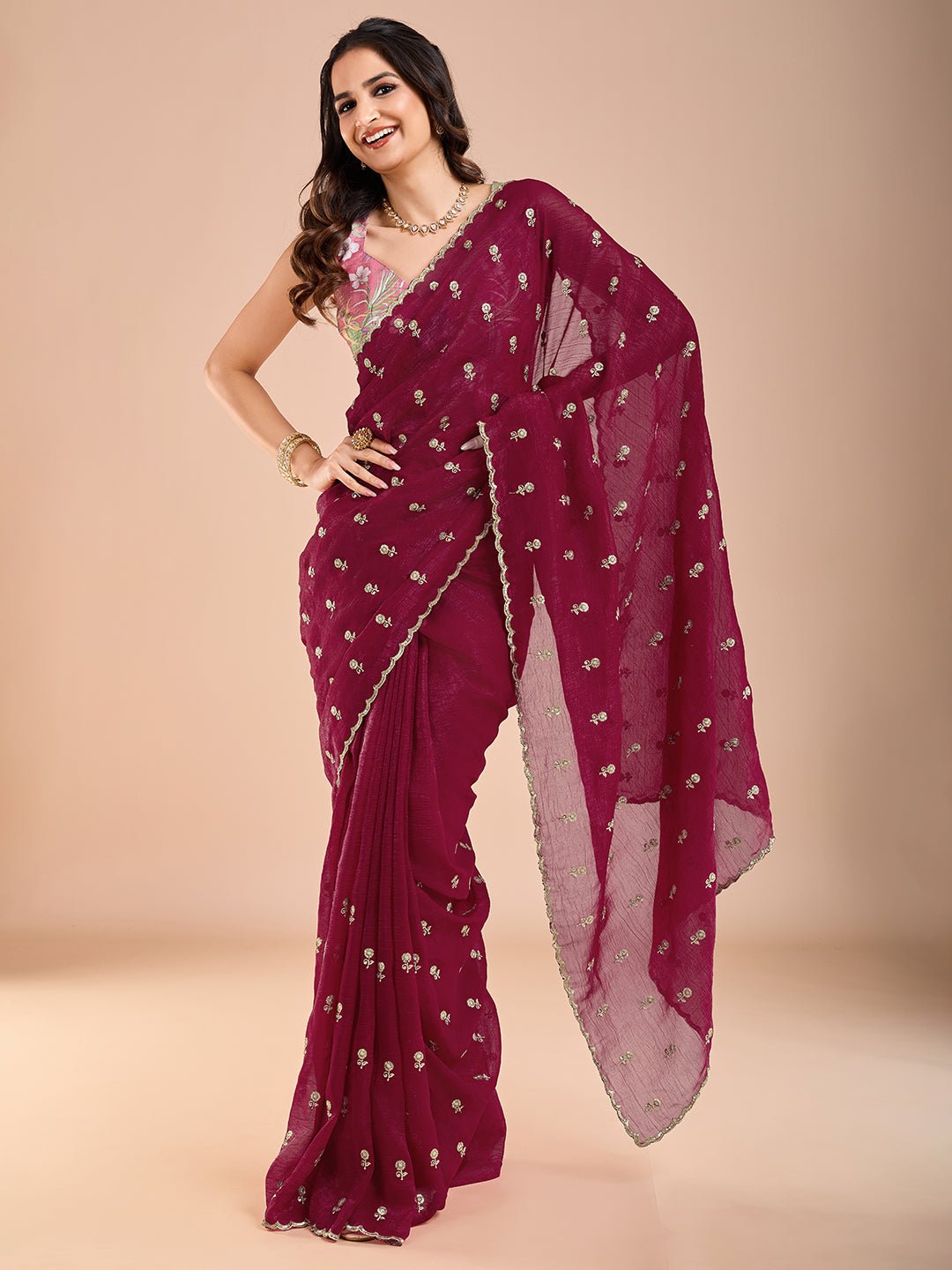 Maroon Polyester Embroidered Border Saree - Ressa