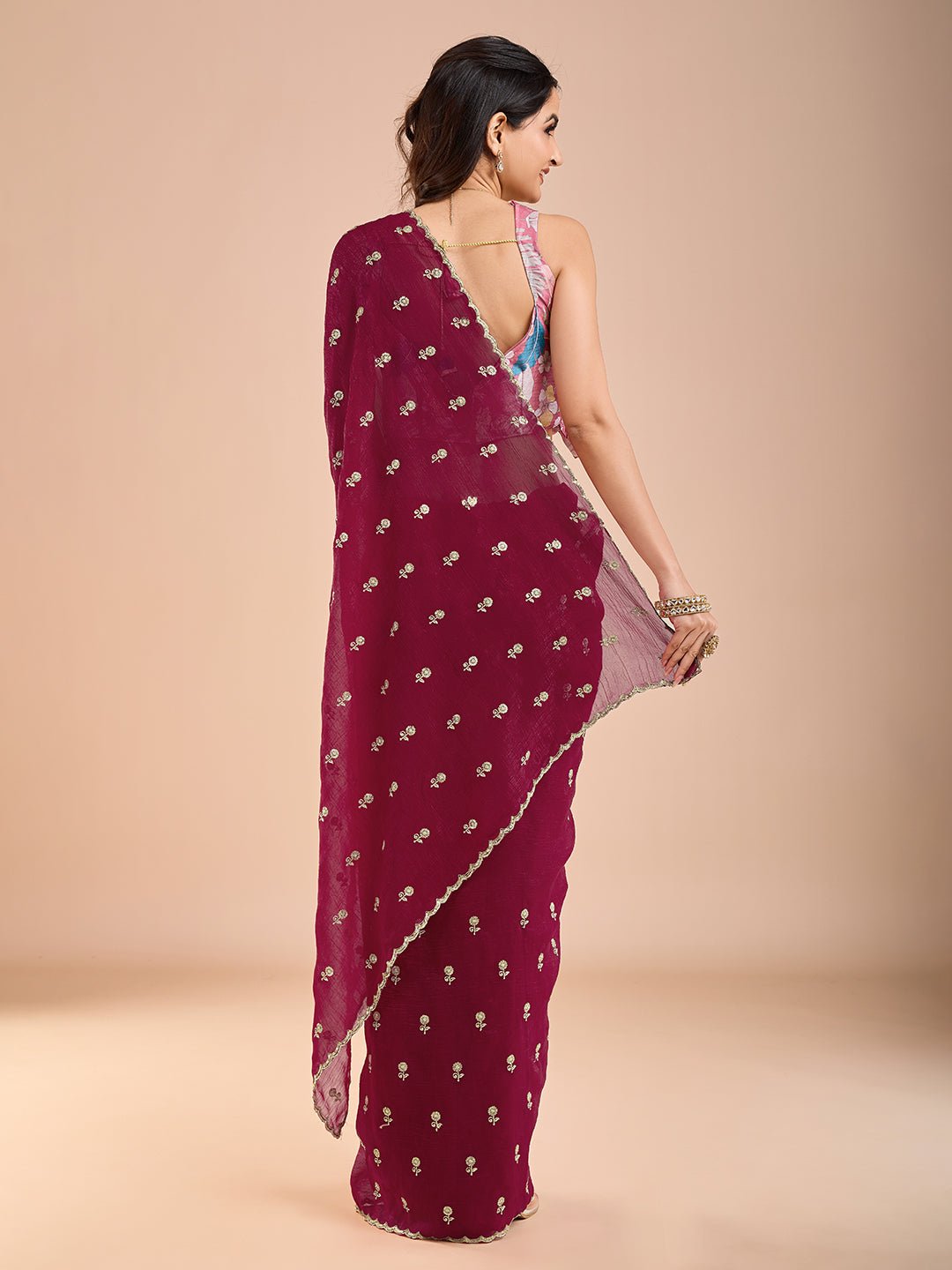 Maroon Polyester Embroidered Border Saree - Ressa