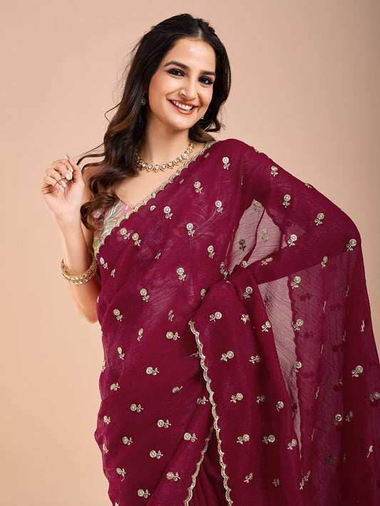 Maroon Polyester Embroidered Border Saree - Ressa