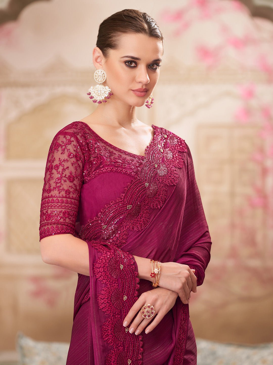 Maroon Polyester Embroidered Border Saree - Ressa