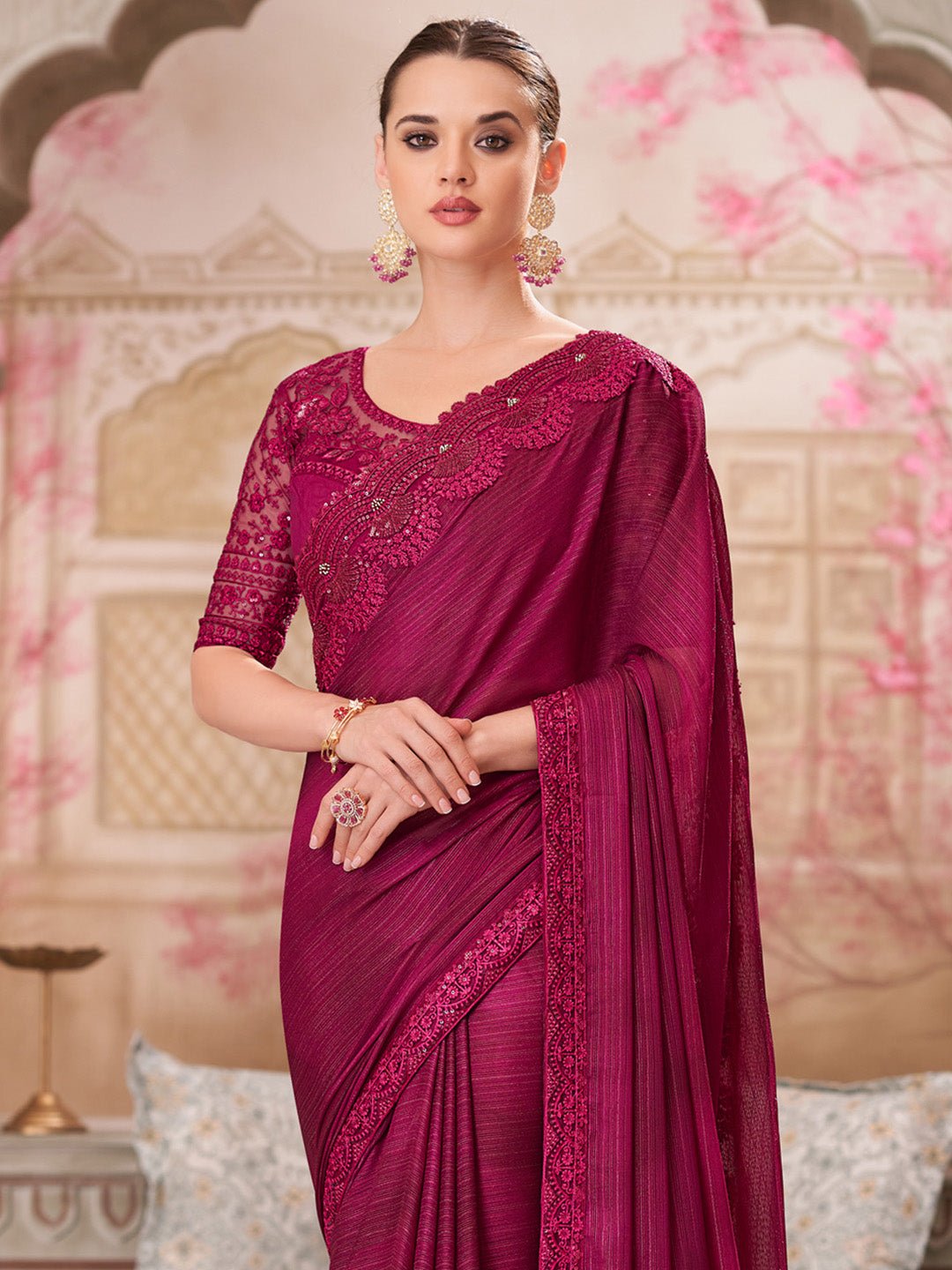 Maroon Polyester Embroidered Border Saree - Ressa