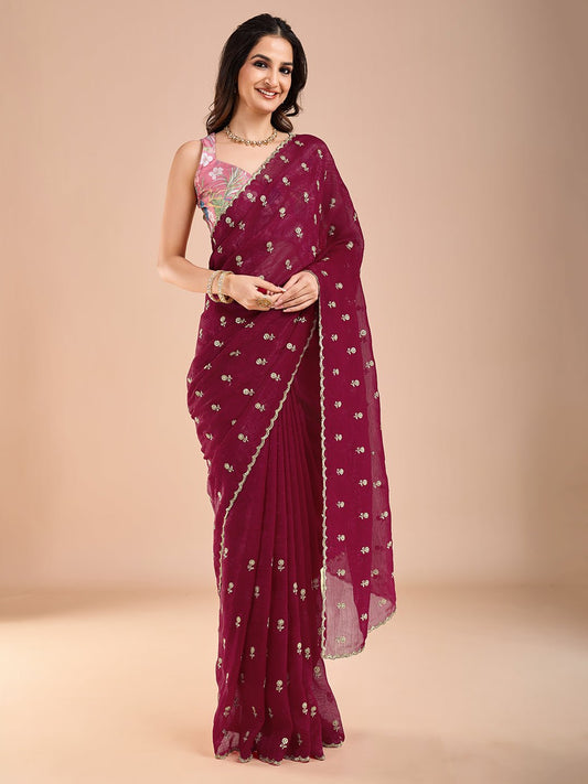 Maroon Polyester Embroidered Border Saree - Ressa
