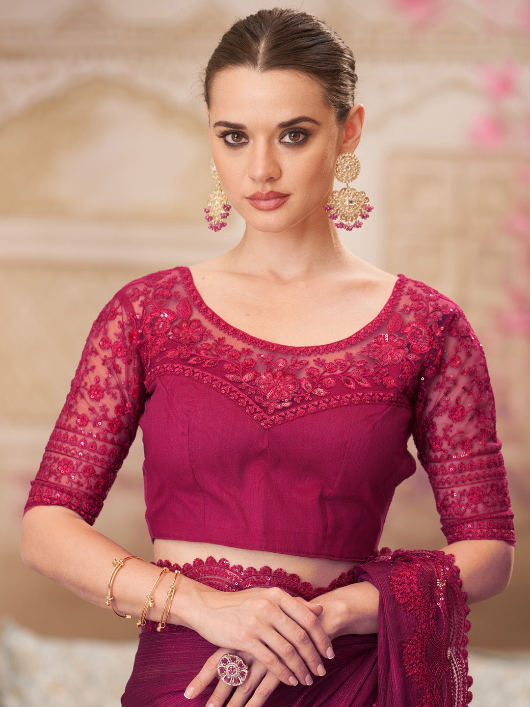 Maroon Polyester Embroidered Border Saree - Ressa