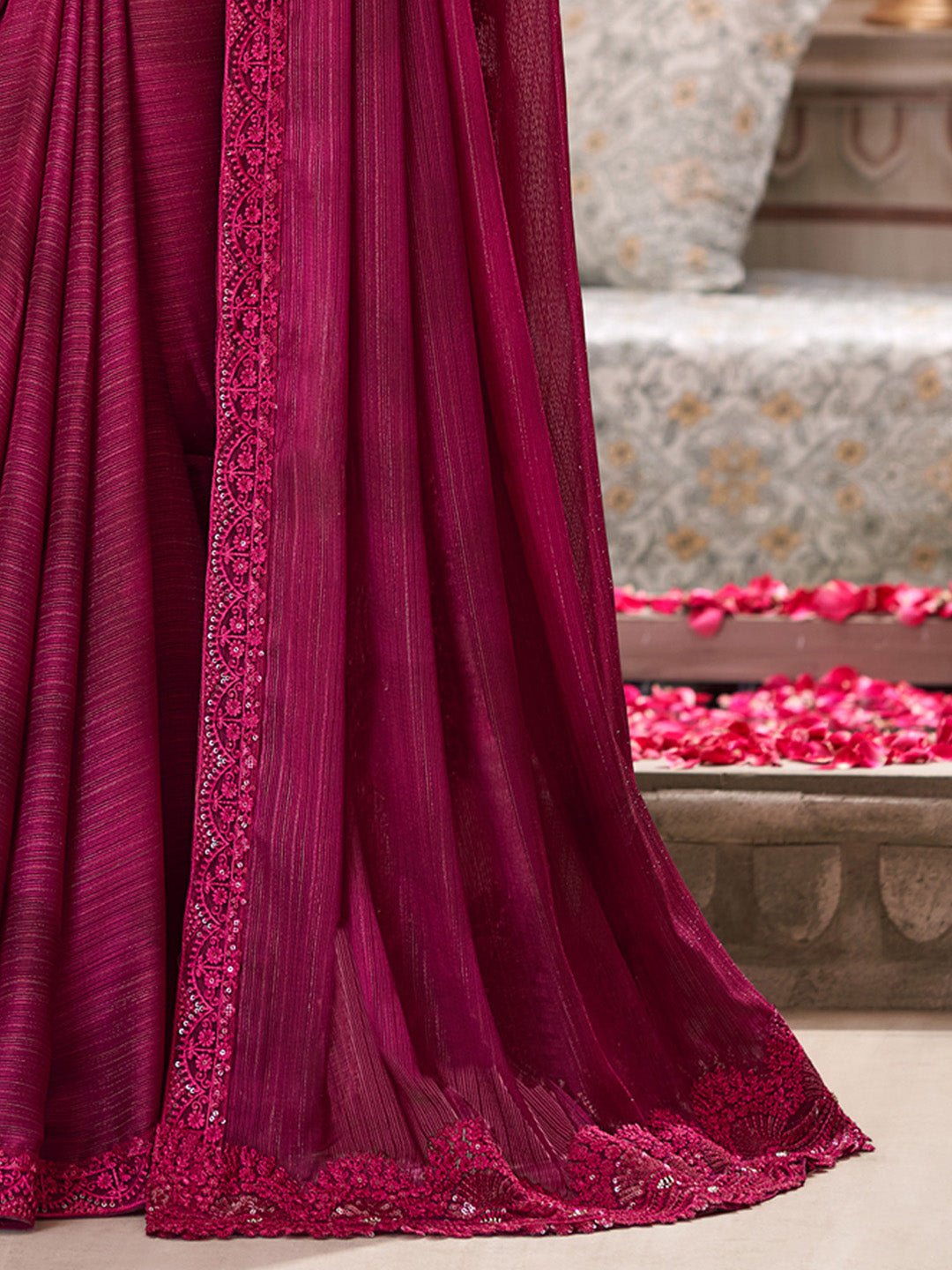 Maroon Polyester Embroidered Border Saree - Ressa