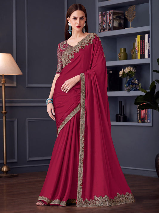 Maroon Polyester Sequin Embroidery saree - Ressa