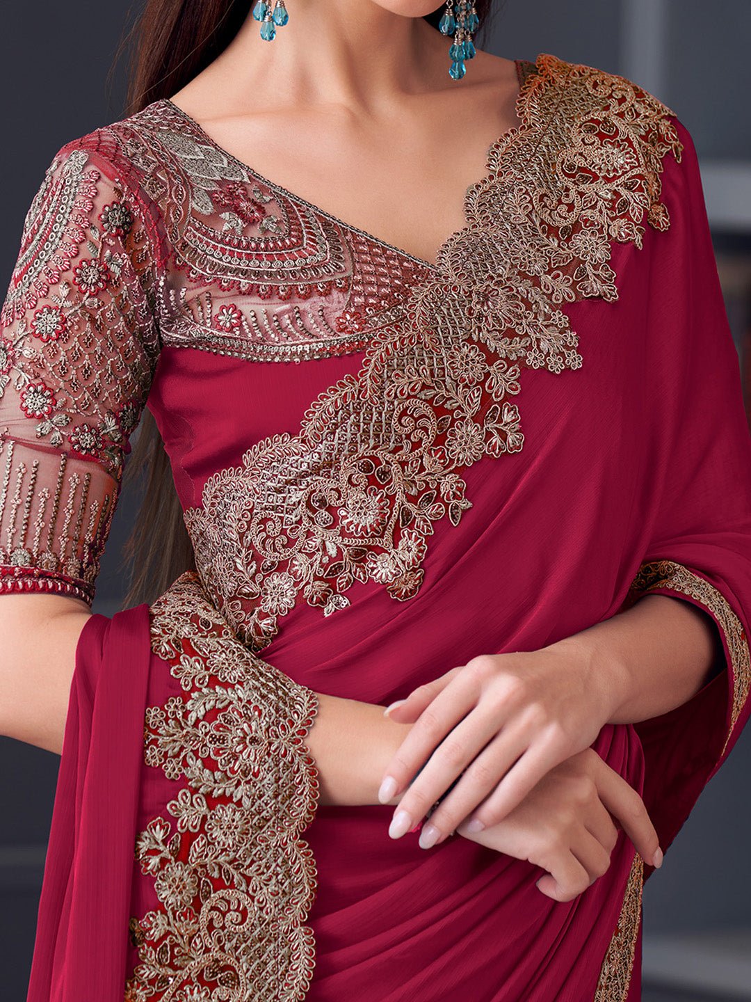 Maroon Polyester Sequin Embroidery saree - Ressa